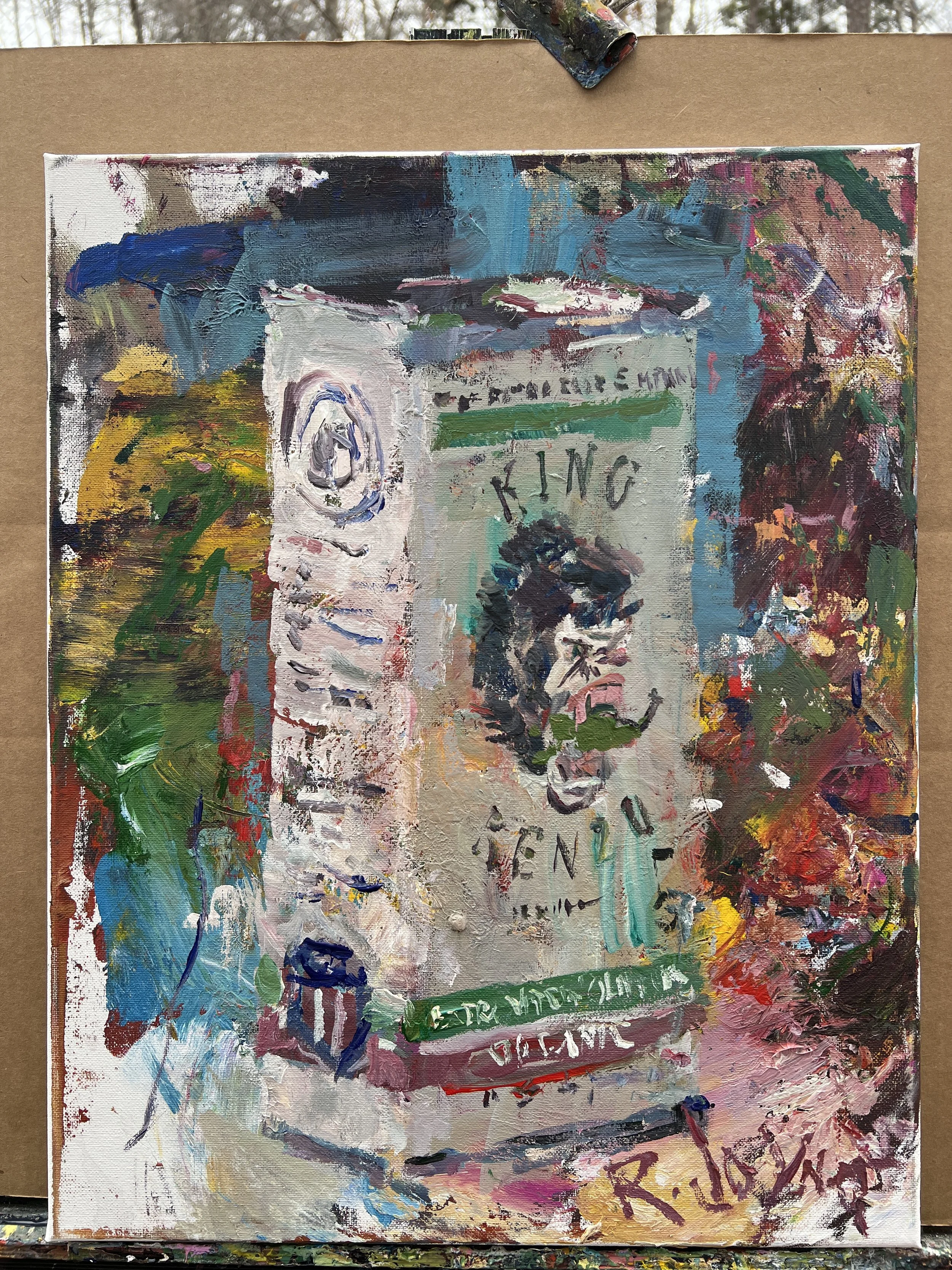Bold expressive painting of King Kenzo extra virgin olive oil tin can with Mediterranean label, acrylics on 20x16 canvas - shows all edges