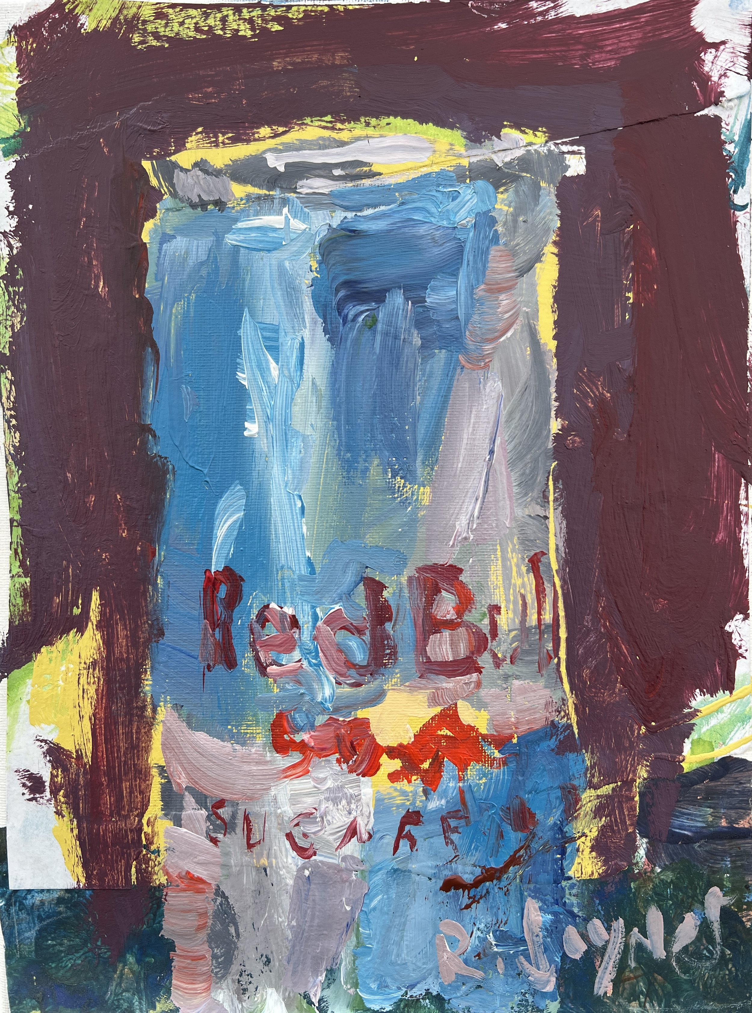 Bold expressive original painting of a Red Bull Sugar Free can with loose brushstrokes and layered acrylic and collage texture on 12x9 canvas, contemporary still life art