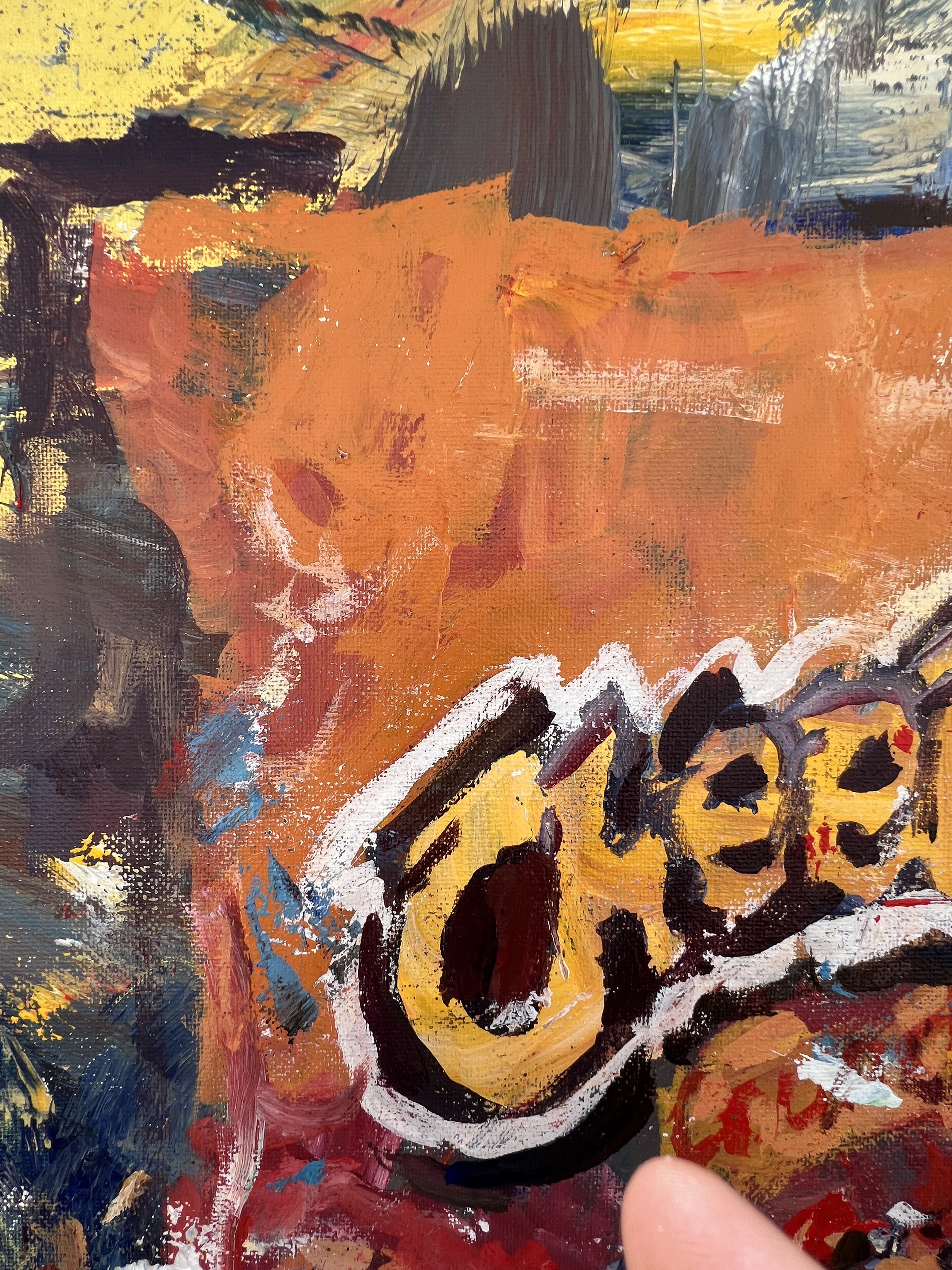 Bold expressive painting of Cheetos orange bag with cheetah logo, acrylics on 20x16 canvas - close up 1