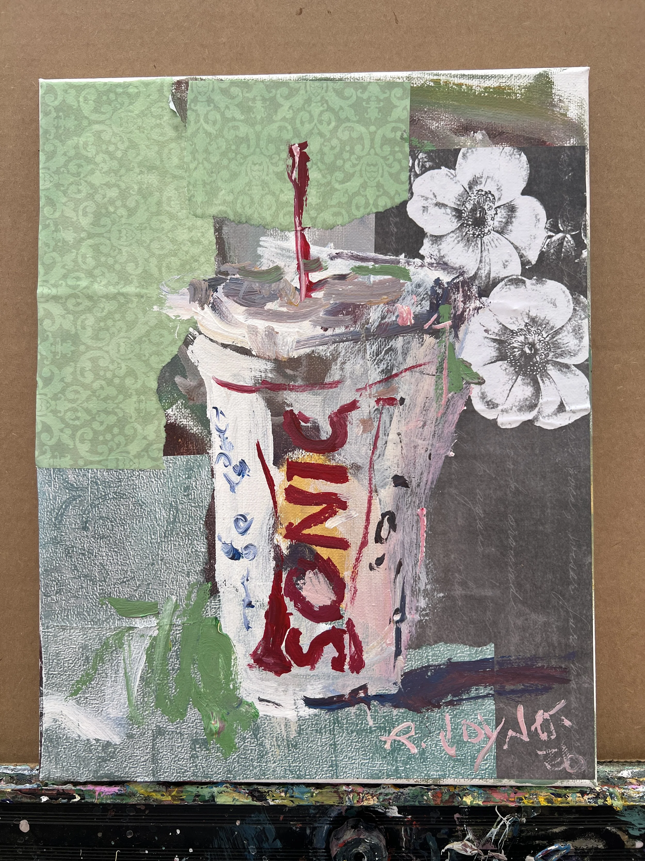 Bold expressive painting of Sonic Drive-In drink cup with colorful logo and collage elements, acrylics on 11x14 canvas - shows all edges