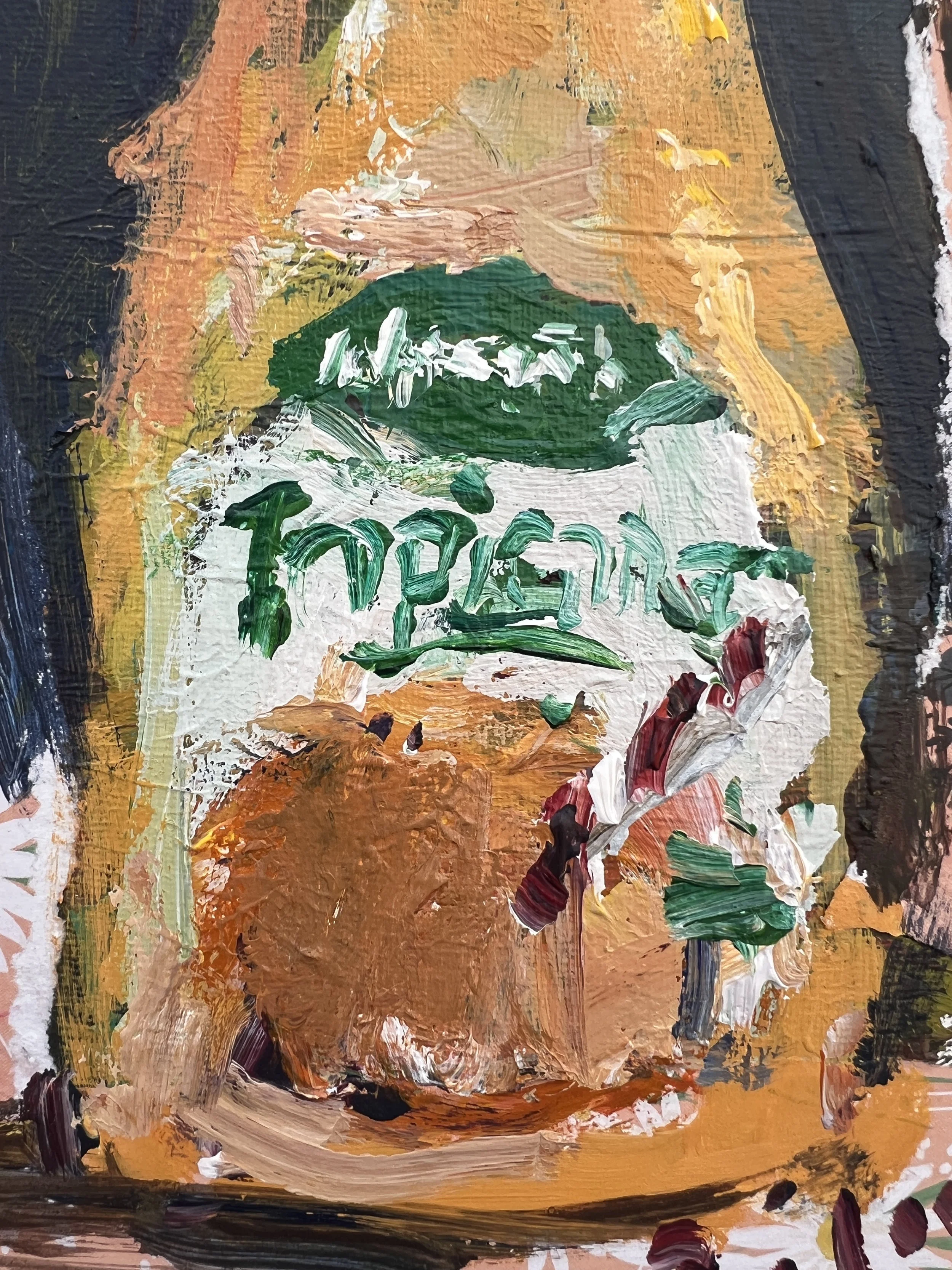 Brushwork detail of Loose expressive original painting of Tropicana orange juice bottle