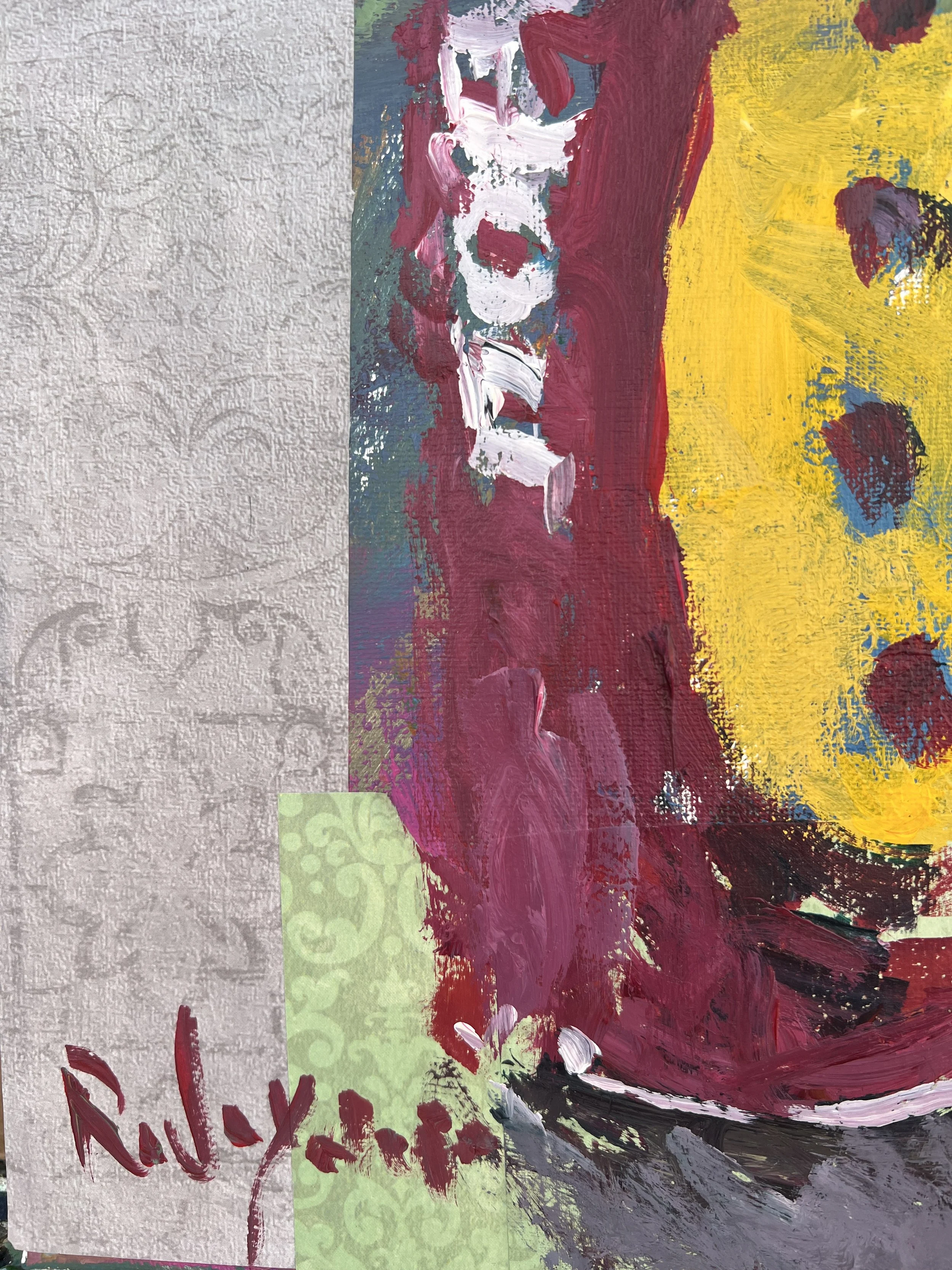 old expressive painting of Poppi strawberry lemon soda pink can with collage elements, acrylics on 11x14 canvas - close up 3