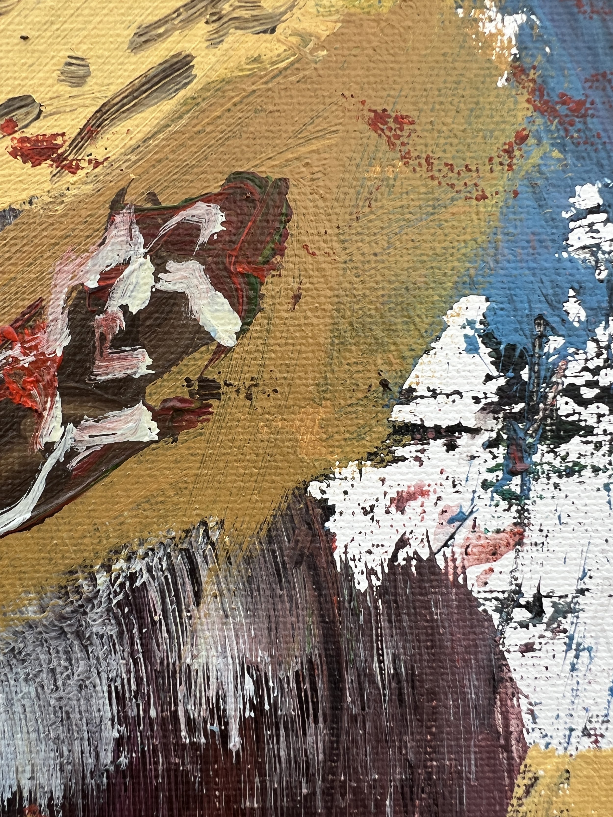 Texture detail of Bold expressive painting of Milk Duds yellow candy box