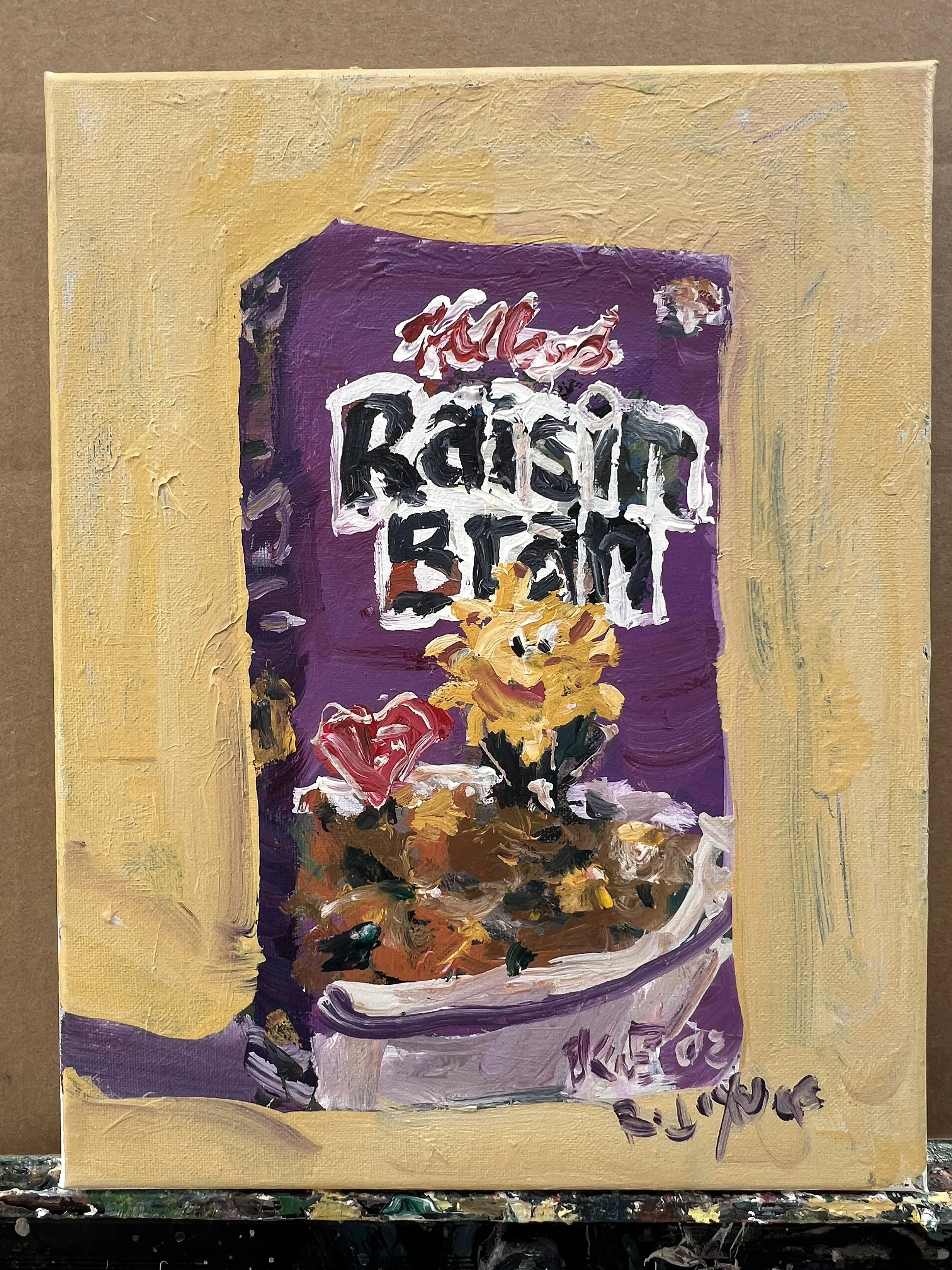 Loose expressive original painting of Raisin Bran cereal box in purple and yellow on canvas - kitchen wall art shows all four edges