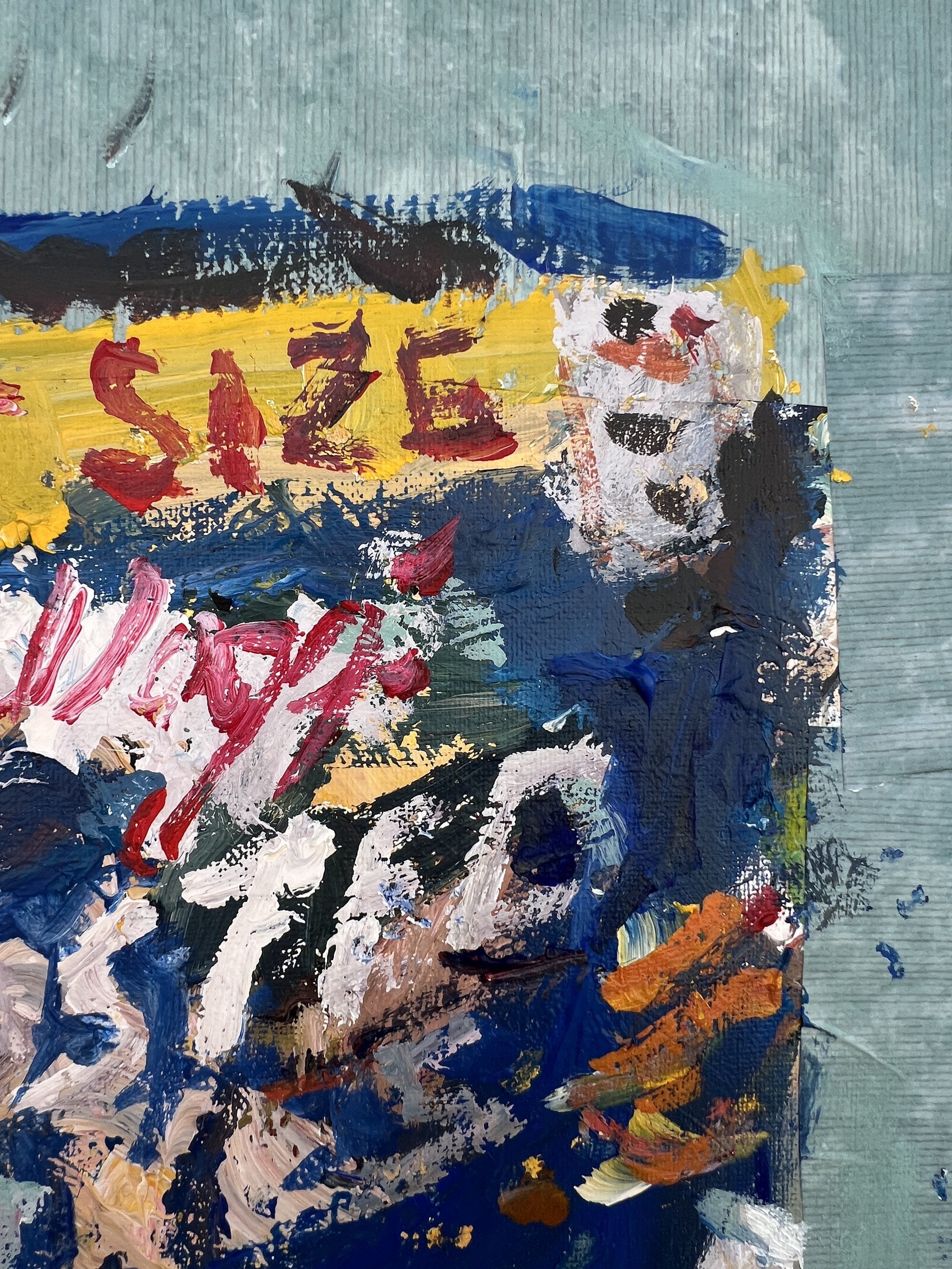 Bold expressive painting of Frosted Flakes blue cereal box with Tony the Tiger and collage elements, acrylics on 20x16 canvas - close up 2