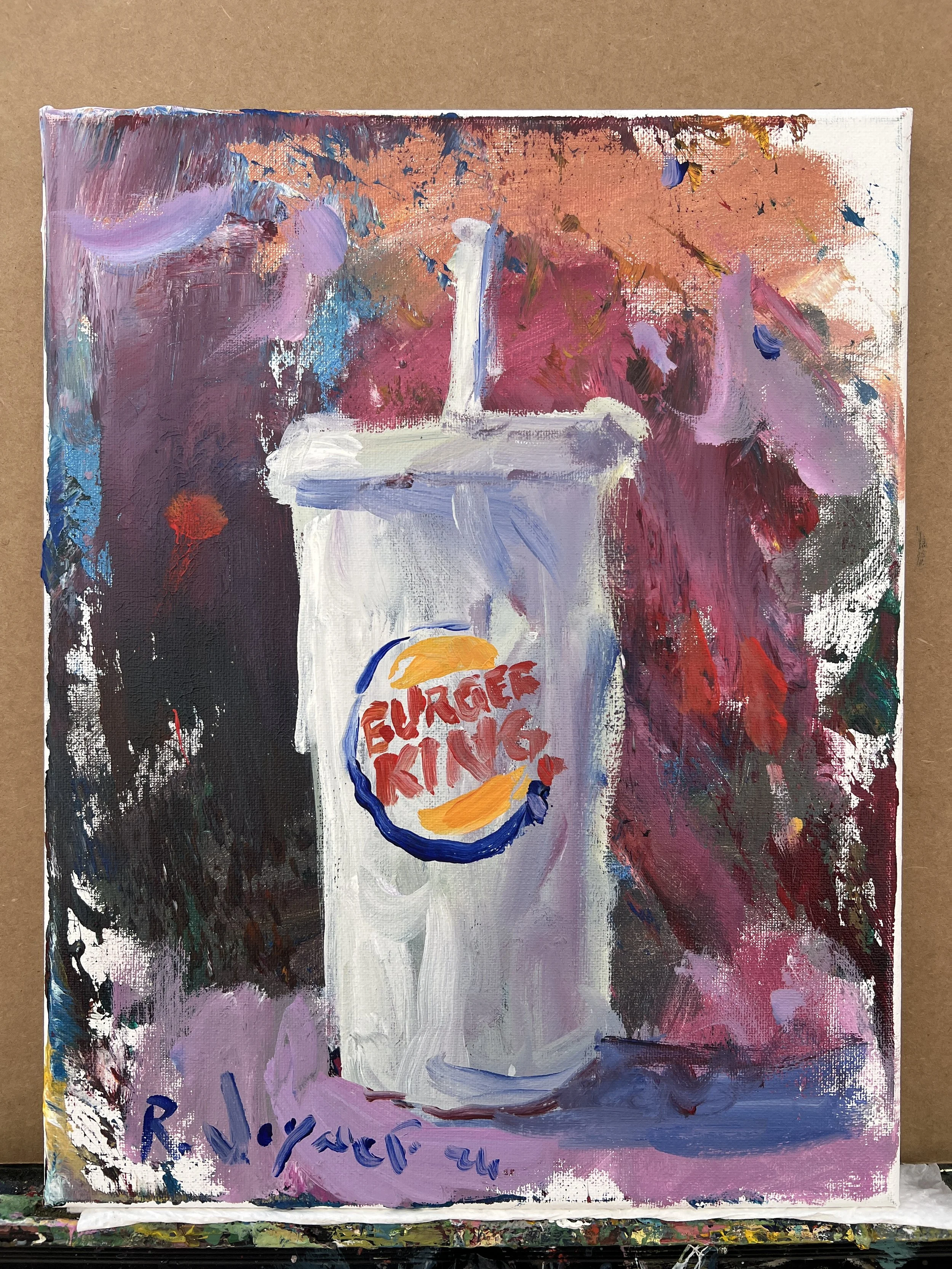 Bold expressive painting of Burger King cup with logo, acrylics on 14x11 canvas - all edges