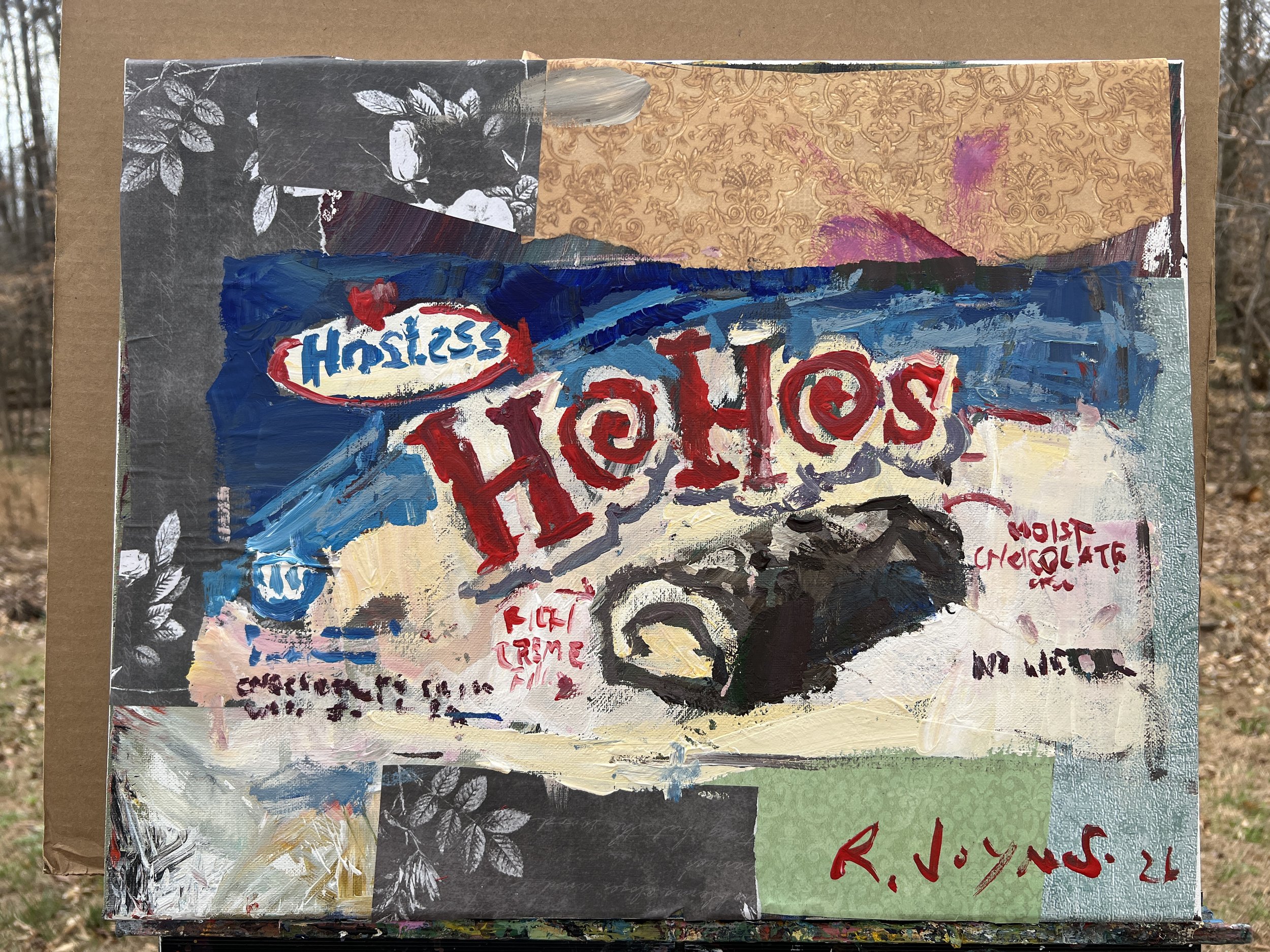 Bold expressive painting of Hostess Ho Hos box with chocolate roll cakes and collage elements, acrylics on 20x16 canvas - all edges