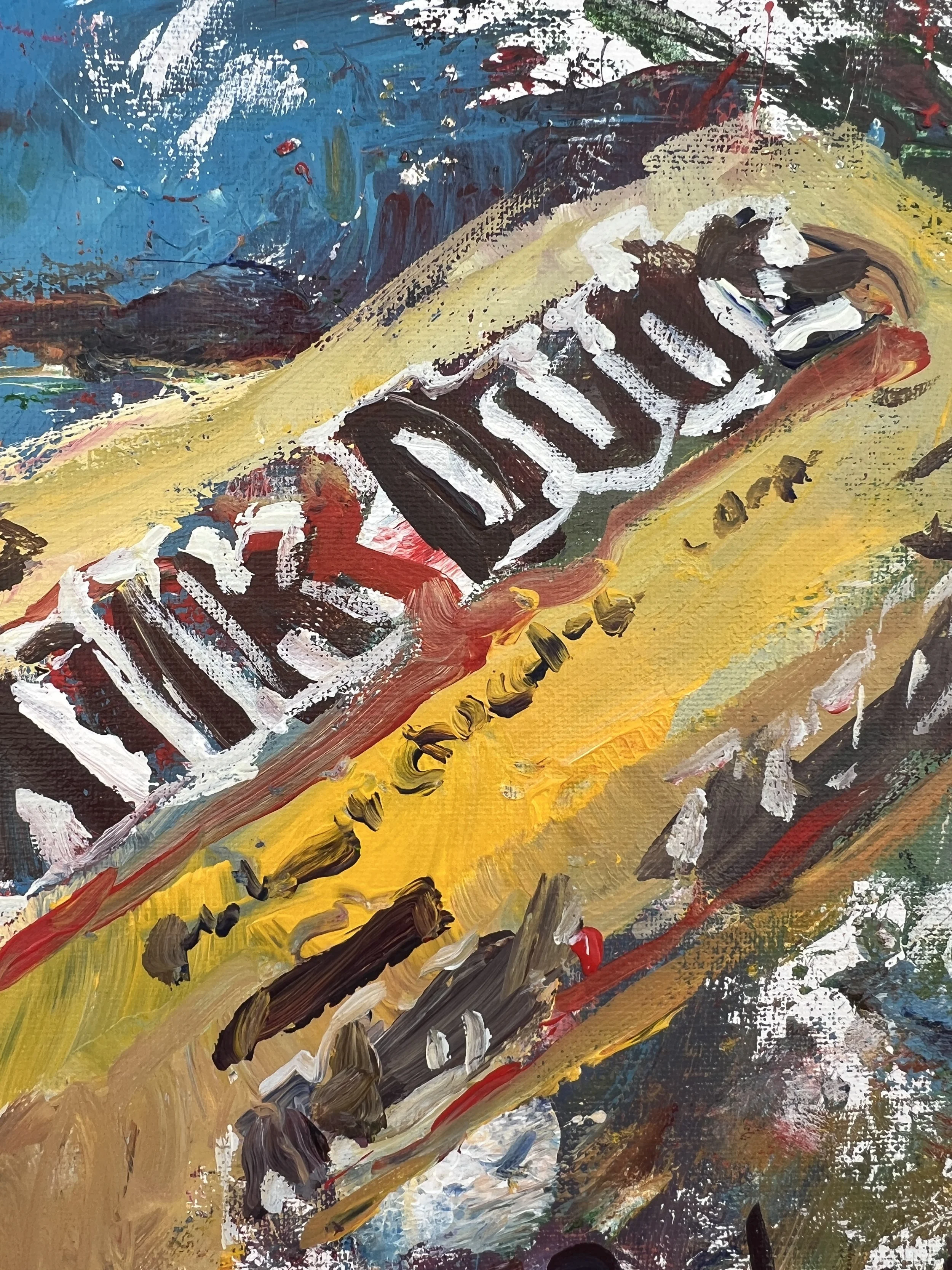 Bold expressive painting of Milk Duds yellow candy box with red and brown lettering, acrylics on 11x14 canvas - close up 2