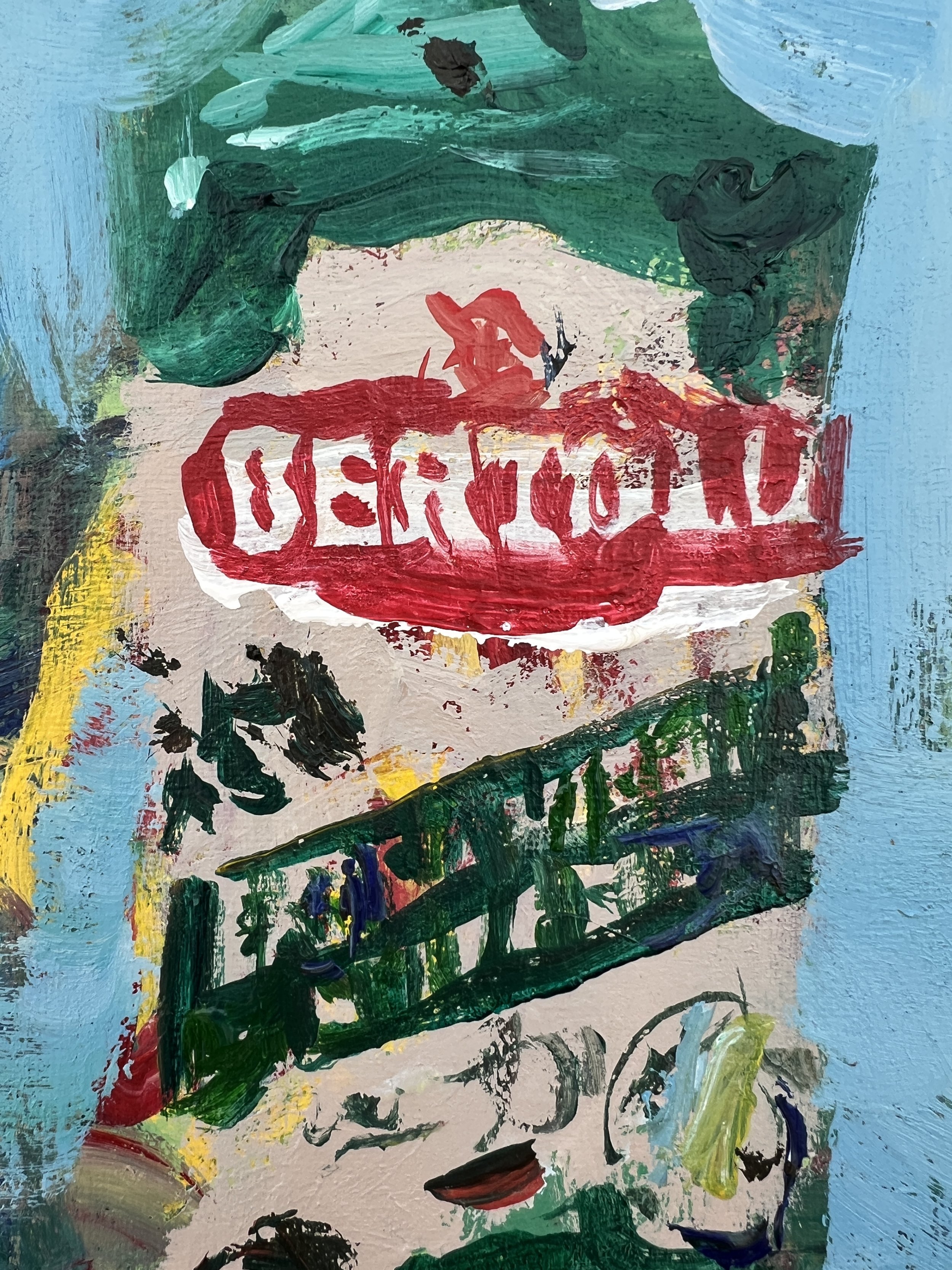 Loose expressive painting of Bertolli olive oil bottle with green tones and bold brushwork, acrylic on 12x9 canvas - close up 2