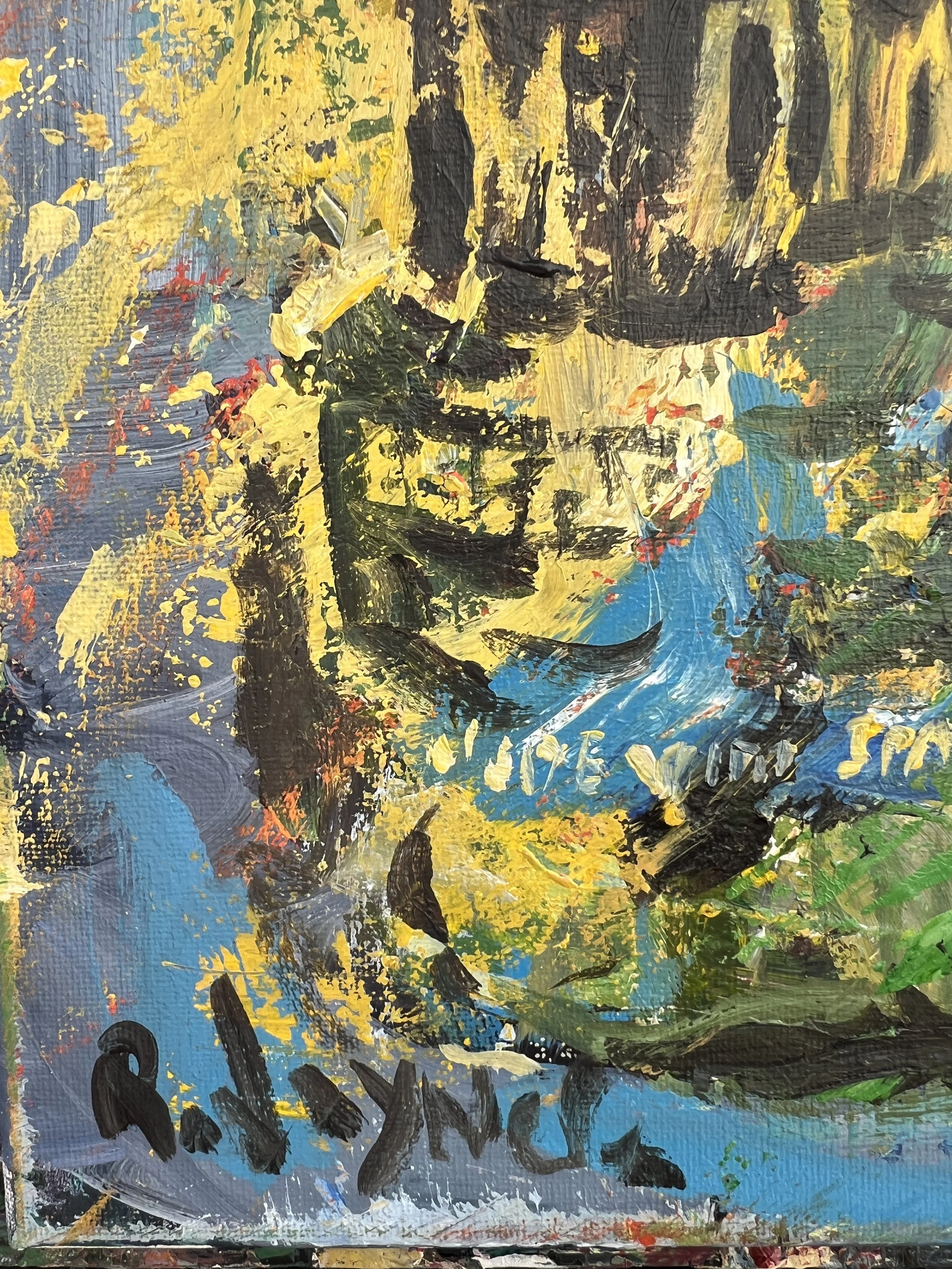 Texture detail of Bold expressive Mt. Olive Pickles jar original painting on canvas