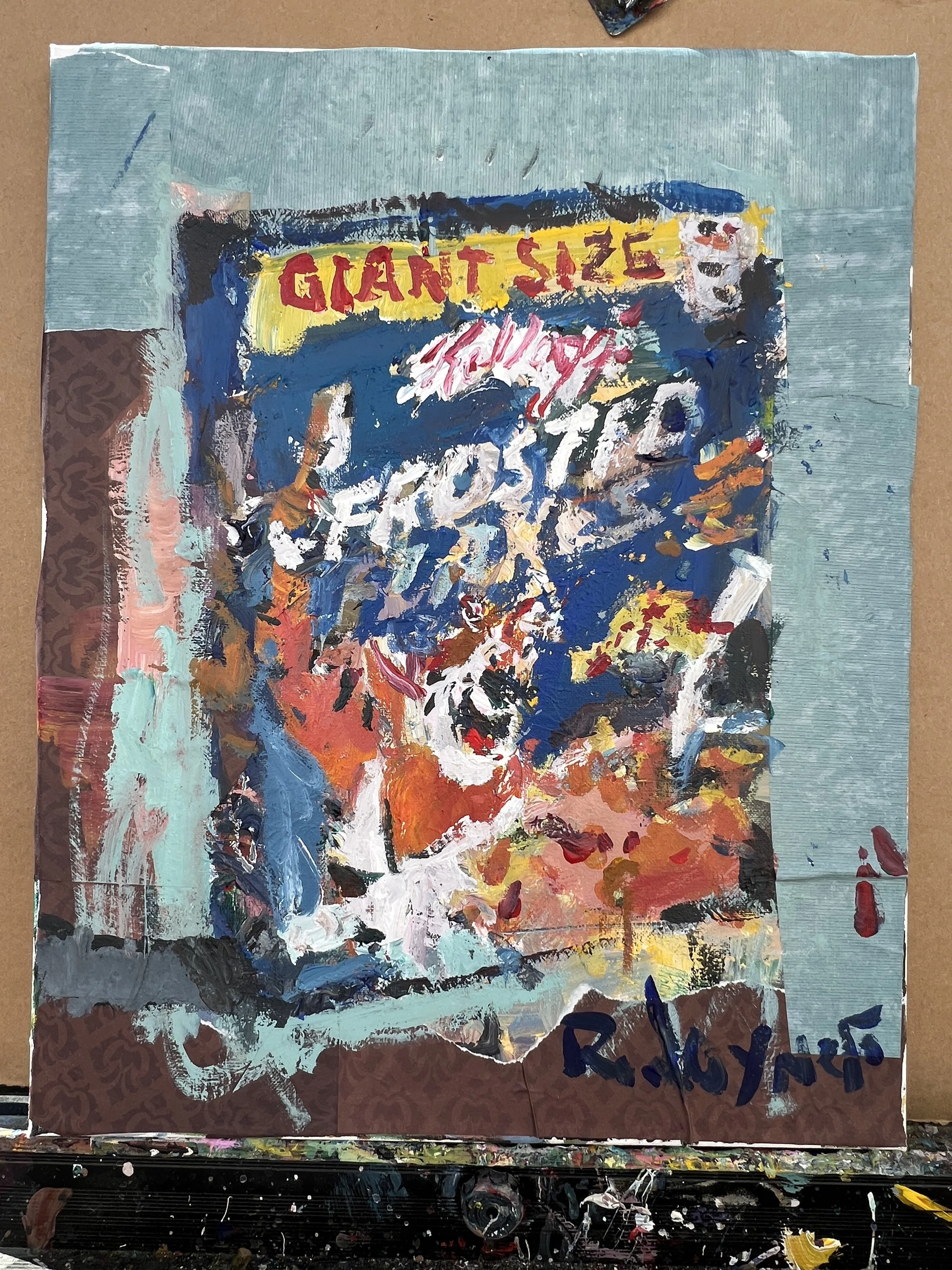 Bold expressive painting of Frosted Flakes blue cereal box with Tony the Tiger and collage elements, acrylics on 20x16 canvas - all edges