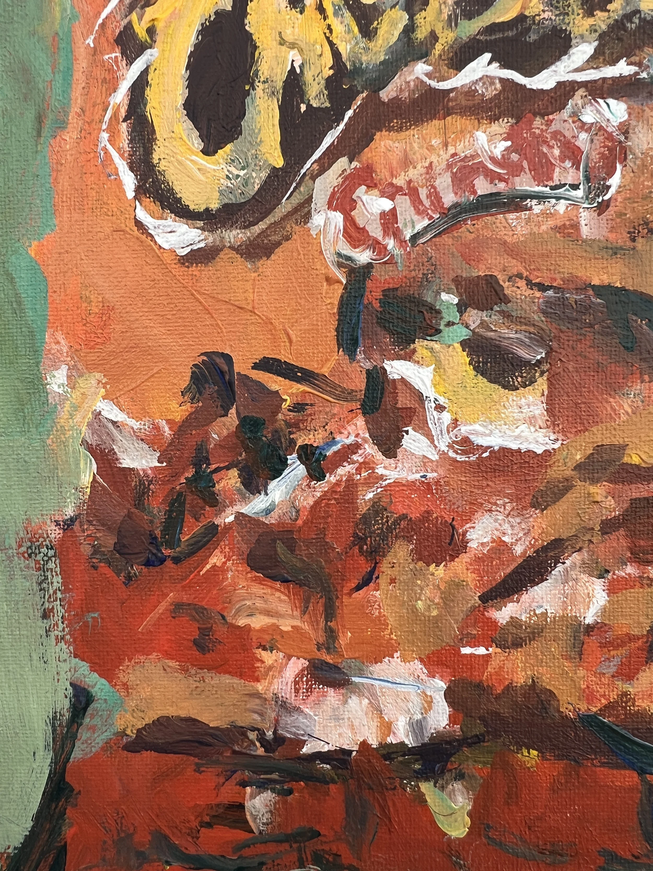 Close-up of Bold expressive painting of Cheetos orange bag