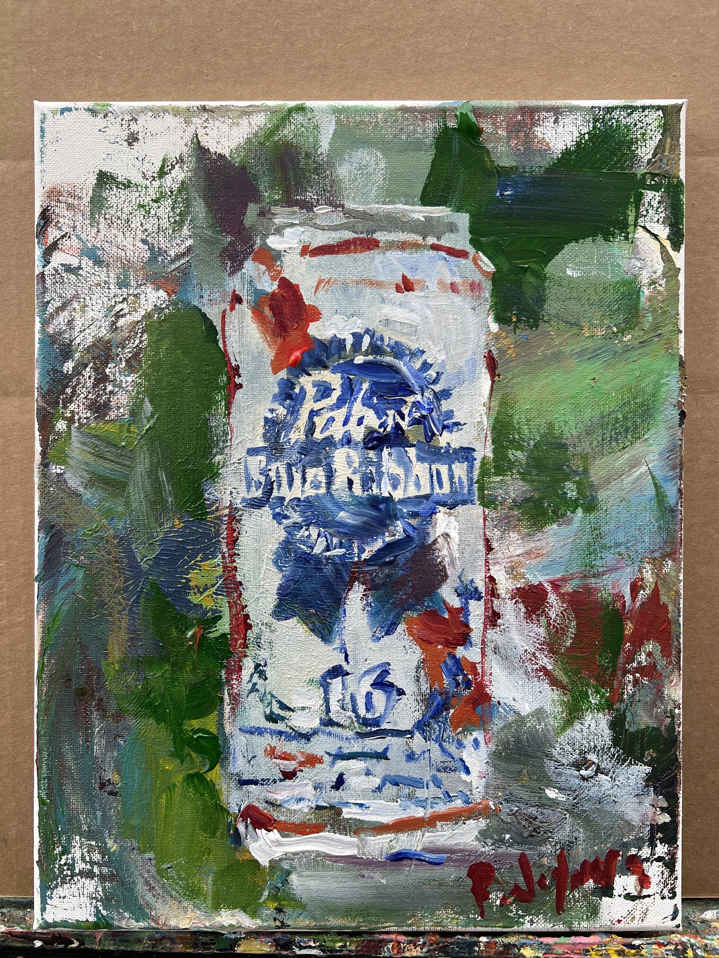 Bold expressive painting of Pabst Blue Ribbon PBR beer can in blue and red, acrylics on 11x14 canvas - shows all edges