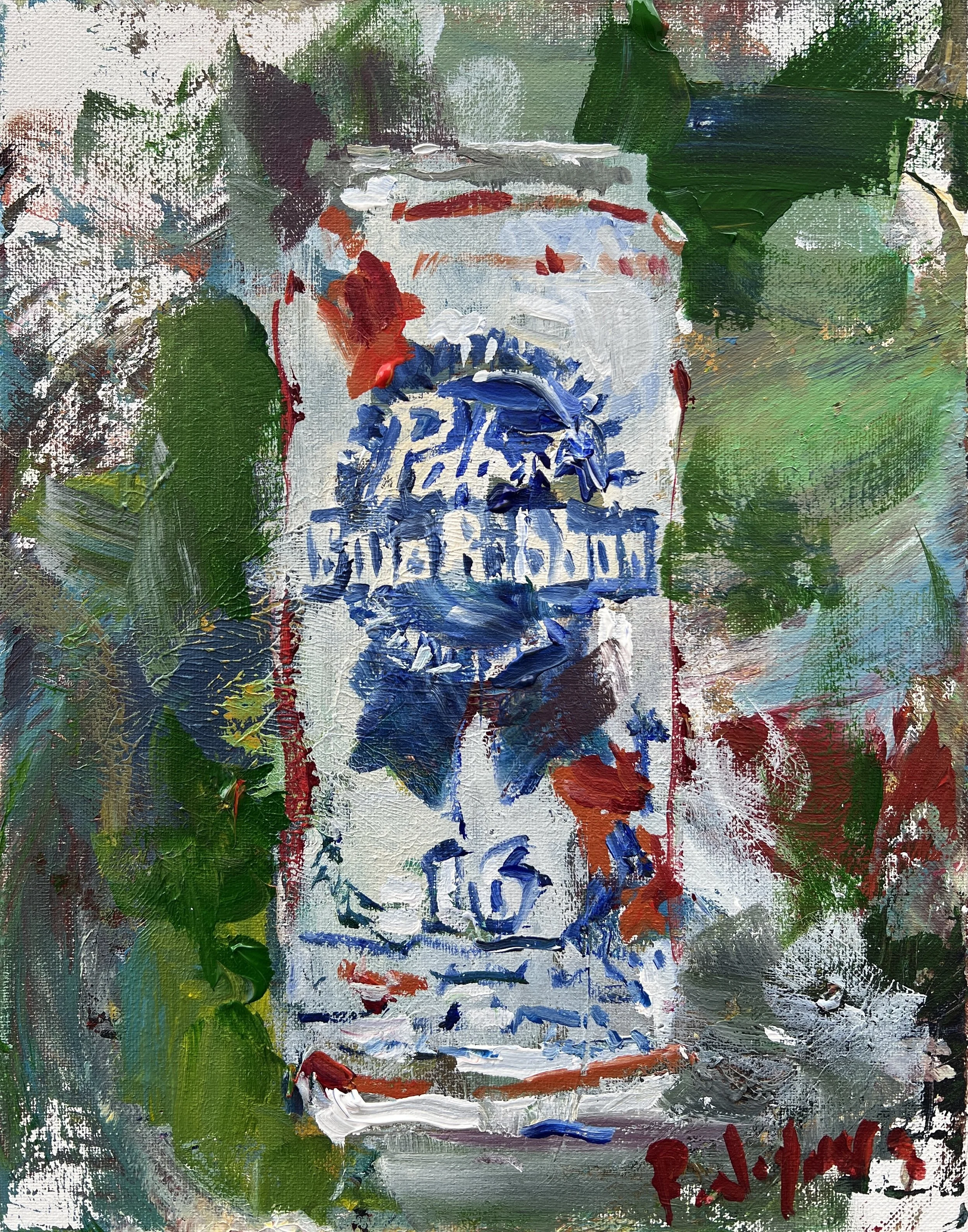 Bold expressive painting of Pabst Blue Ribbon PBR beer can in blue and red, acrylics on 11x14 canvas - bar wall art