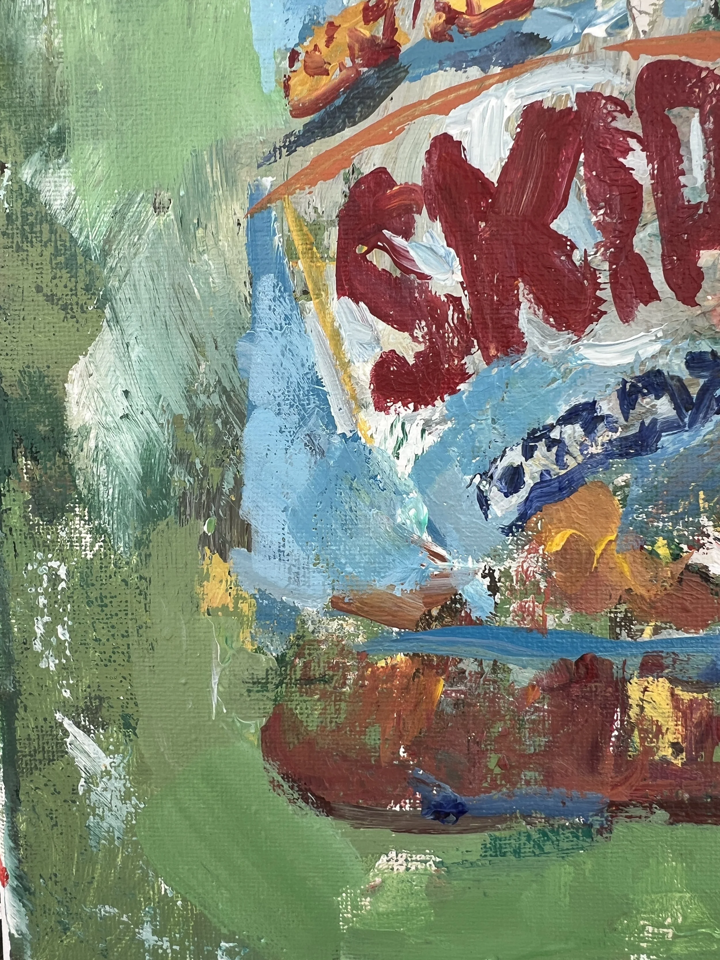 Loose expressive painting of Skippy peanut butter jar with bold red and blue label and textured brushwork, acrylic on 12x9 canvas - close up 4