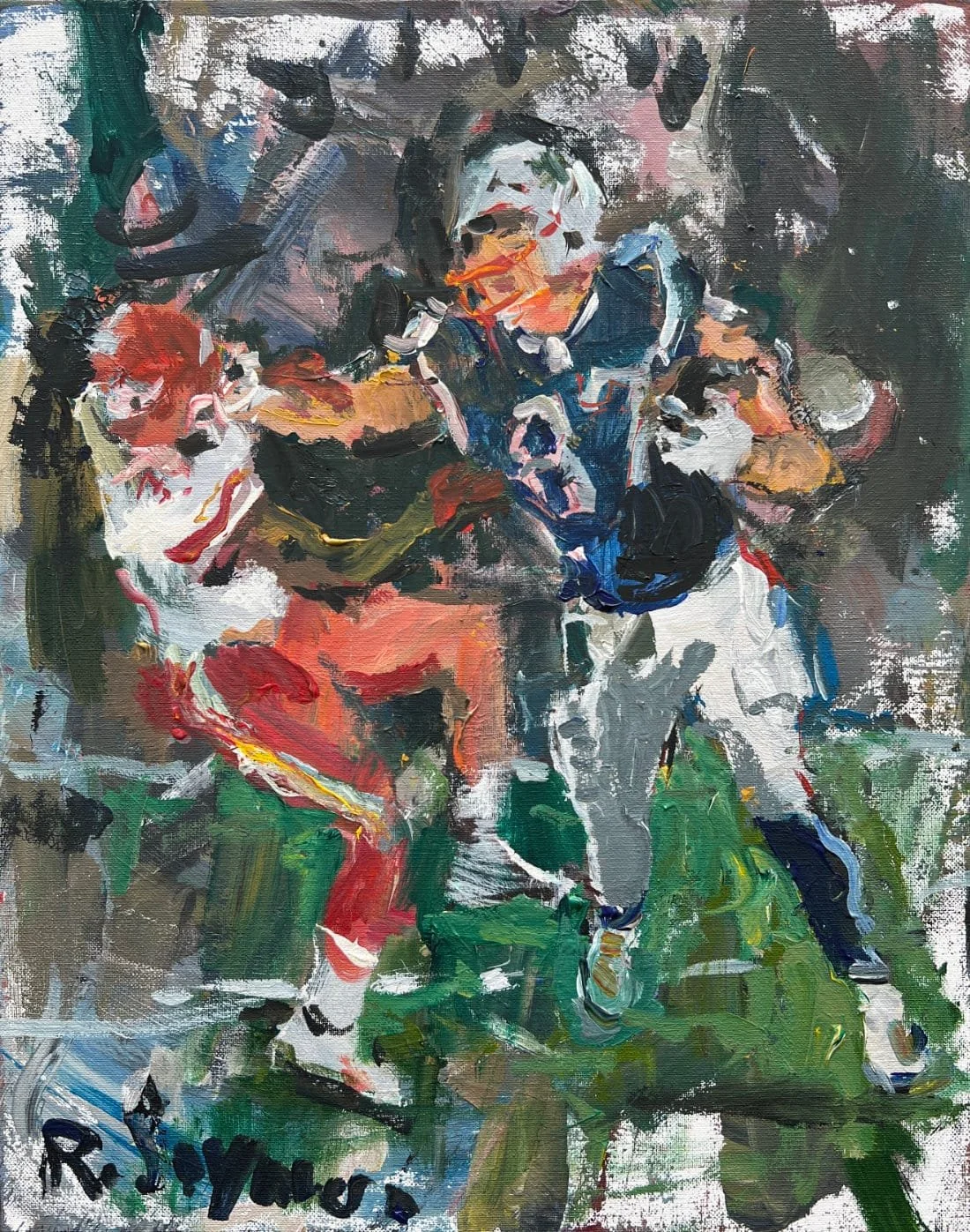 Rob Gronkowski Gronk New England Patriots tight end original painting showing game action, acrylic artwork by Robert Joyner