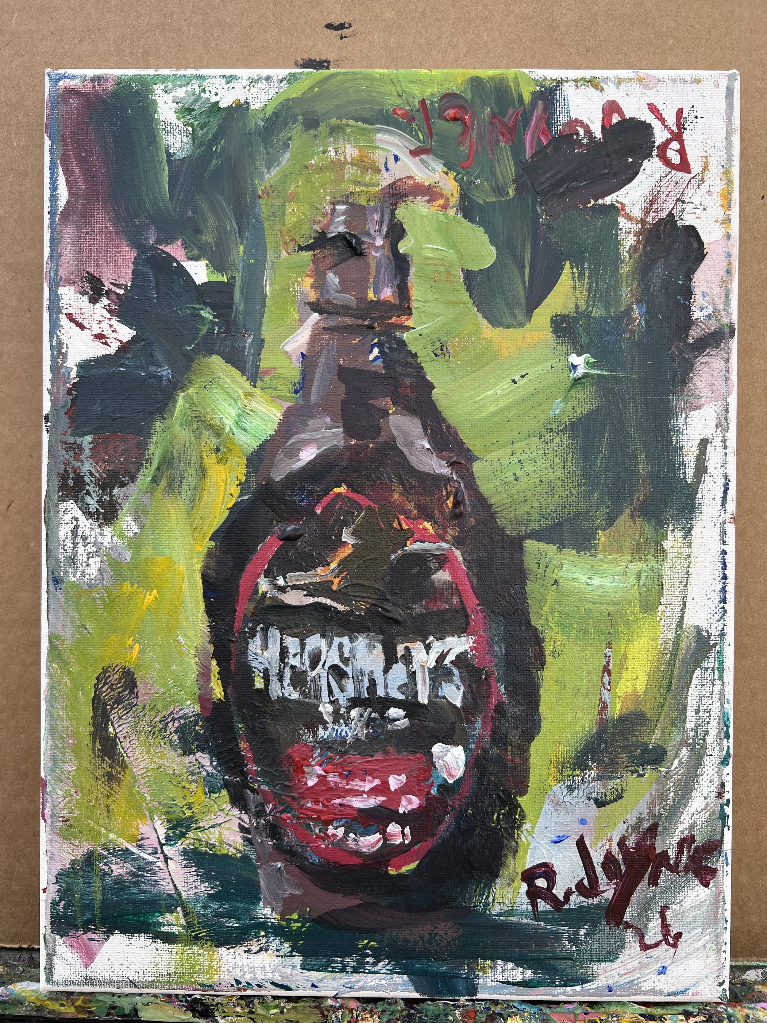 Bold, expressive painting featuring a bottle of Hershey's chocolate syrup - close up 1