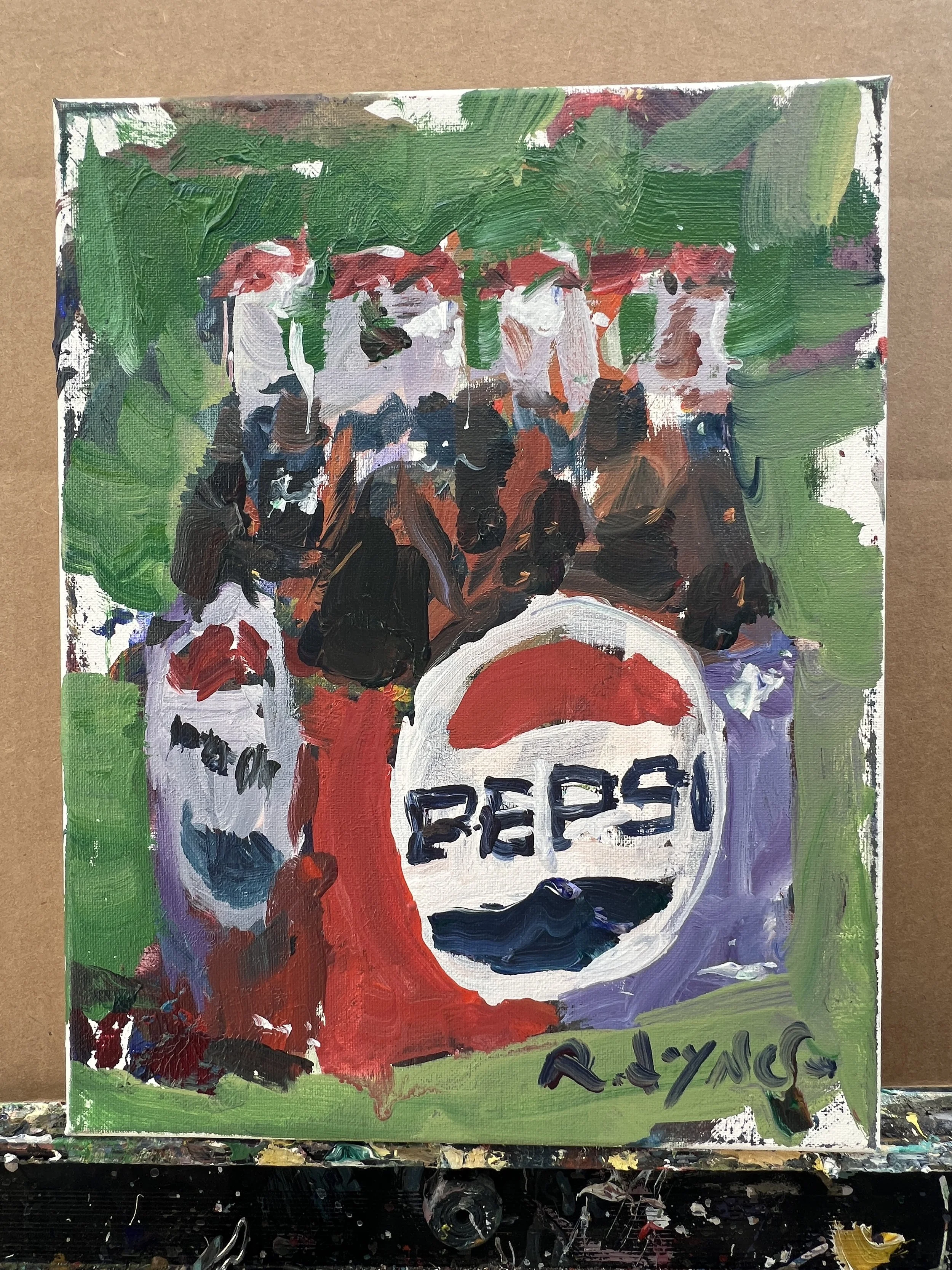 Loose expressive original painting of Pepsi Cola six-pack bottles in red, white, and blue on canvas - kitchen wall art shows all four edges