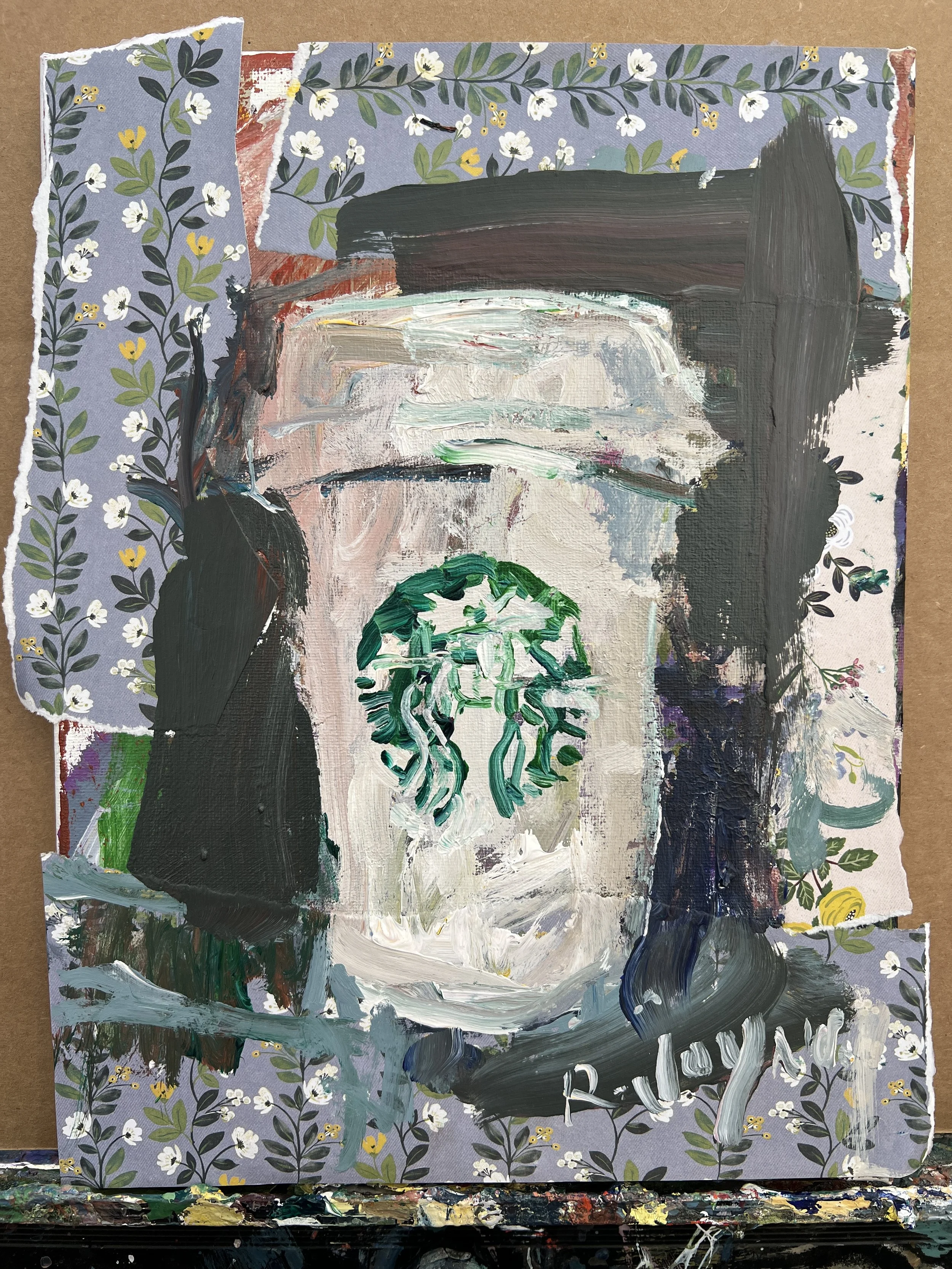 Loose expressive original painting of a Starbucks coffee cup with hand-collaged floral background on canvas – mixed media kitchen and coffee art shows all edges