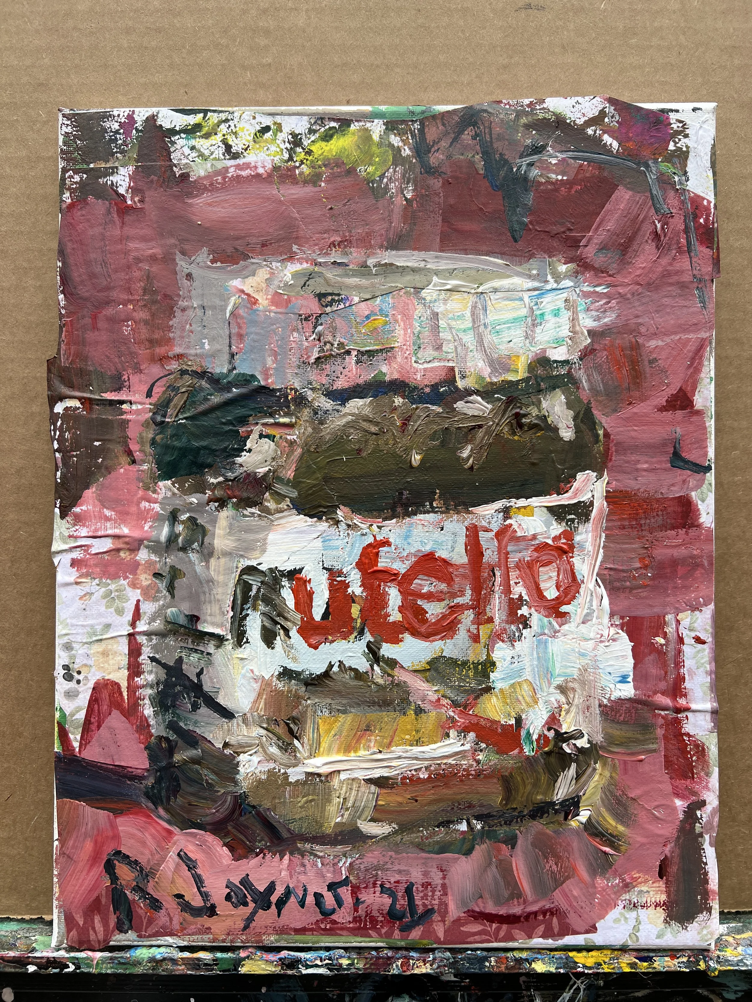 Bold expressive painting of Nutella jar with red label and collage elements with textured brushstrokes, acrylics on 14x11 canvas - hazelnut spread kitchen wall art show all edges