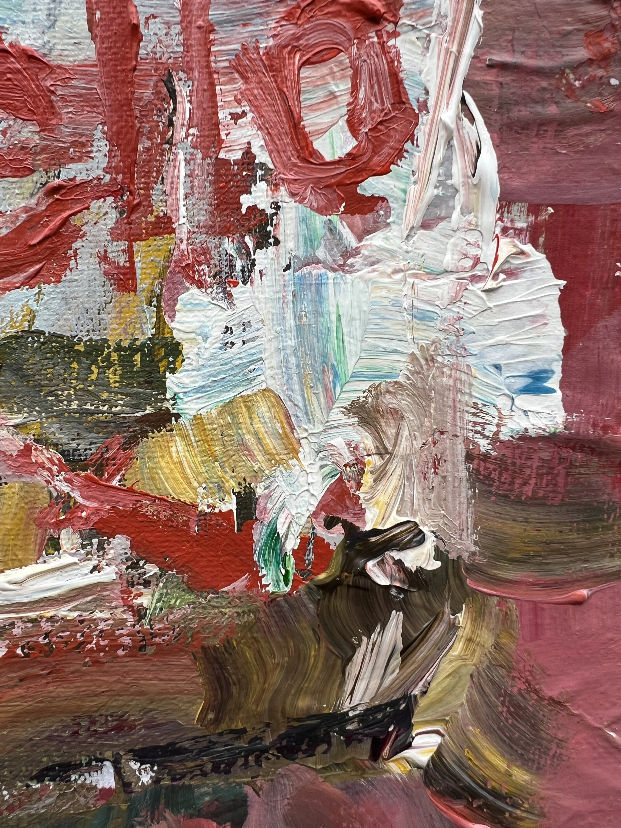 Detail view of Bold expressive painting of Nutella jar with red label and collage