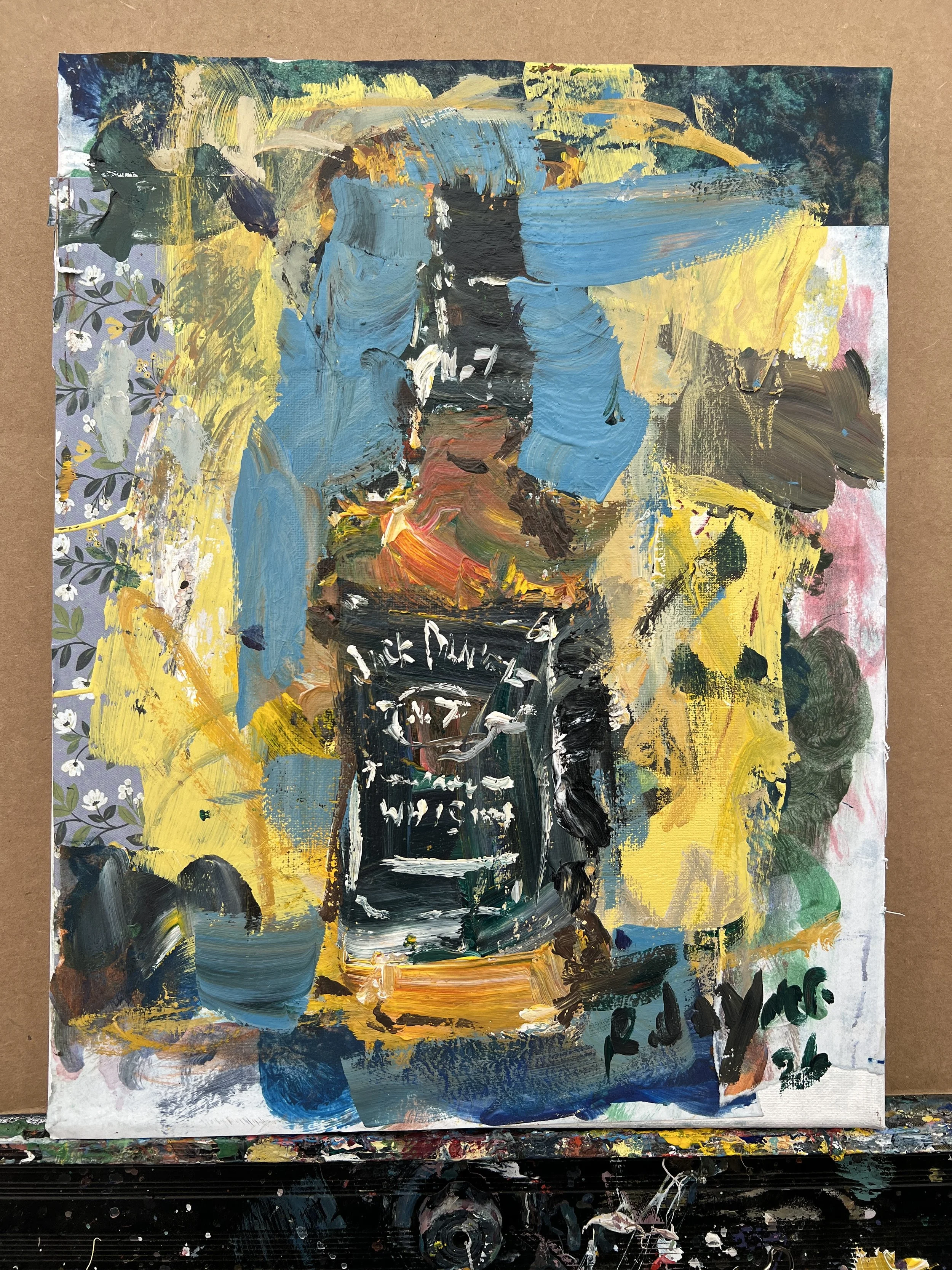 Bold expressive painting of Jack Daniel's whiskey bottle with black label and collage elements with textured brushstrokes, acrylics on 11x14 canvas - bar cart wall art decor shows all edges