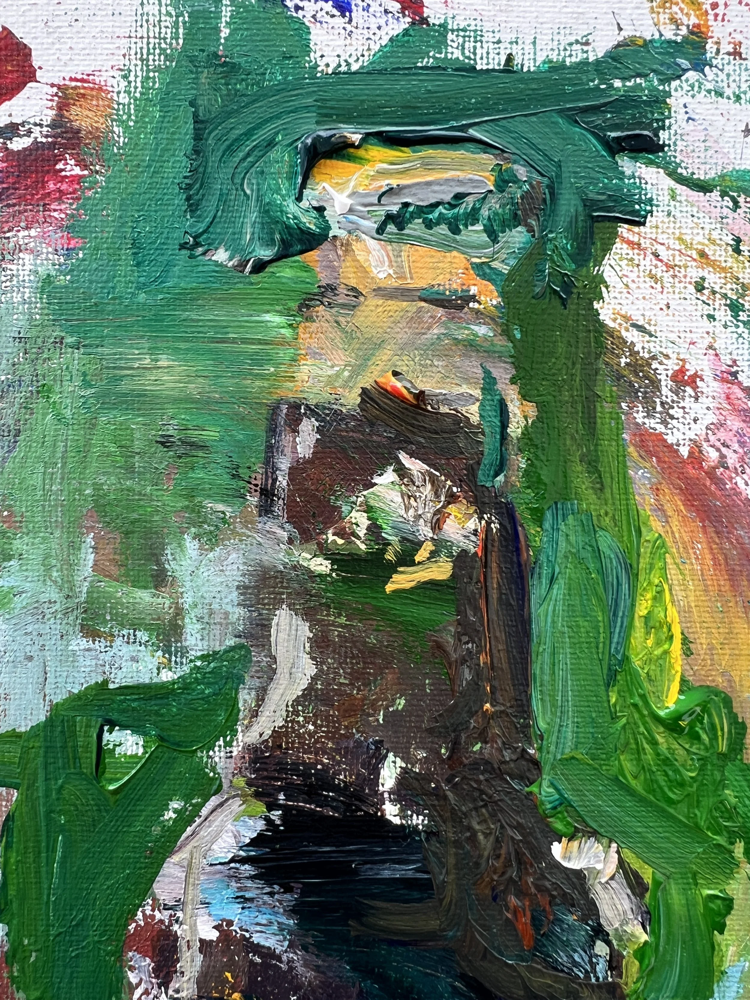 Bold expressive painting of Stewart's Root Beer brown bottle with orange and cream label close up 1