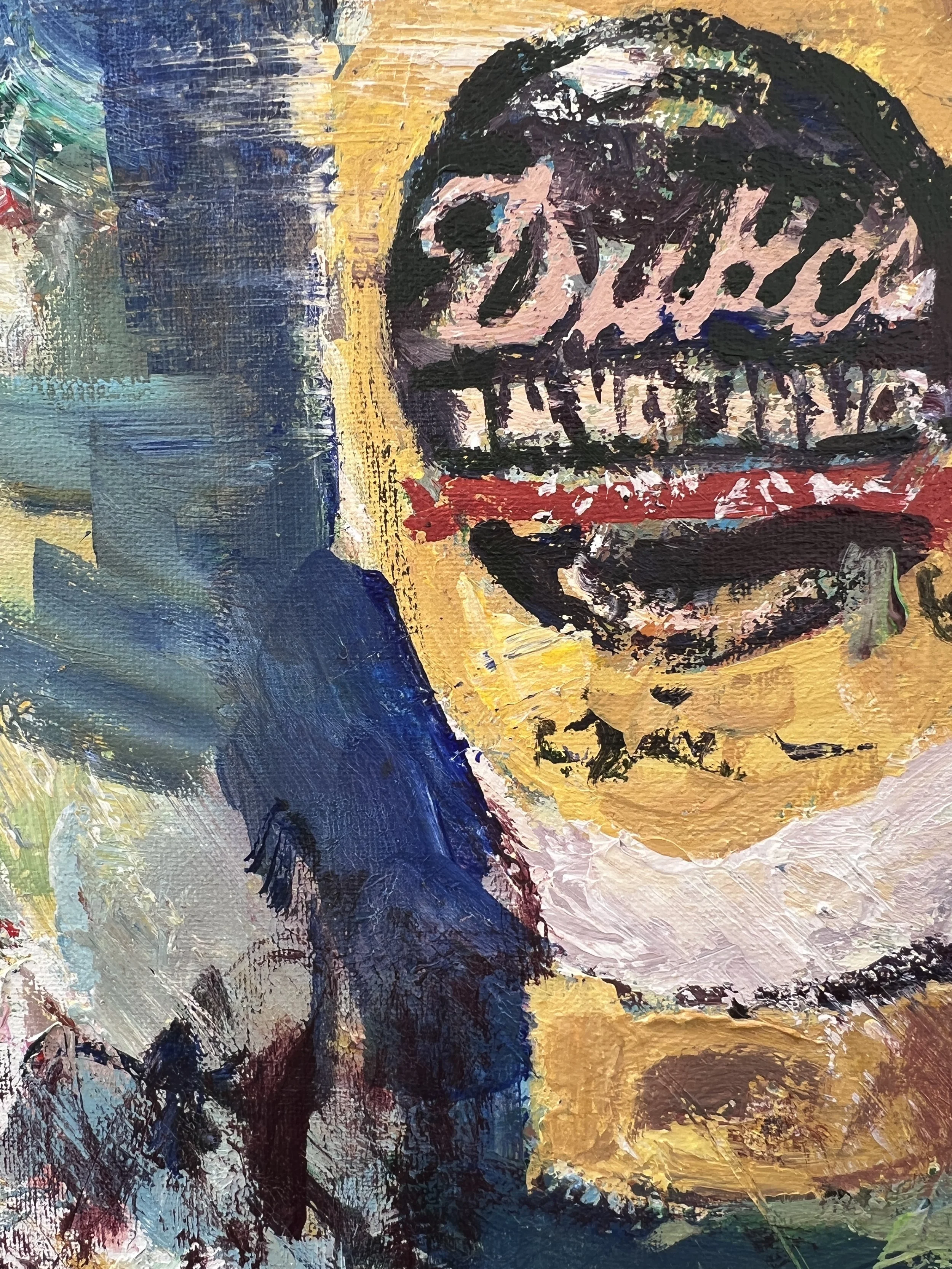 Expressive acrylic painting of a mayonnaise jar with abstract brushwork and textured background - close up 4