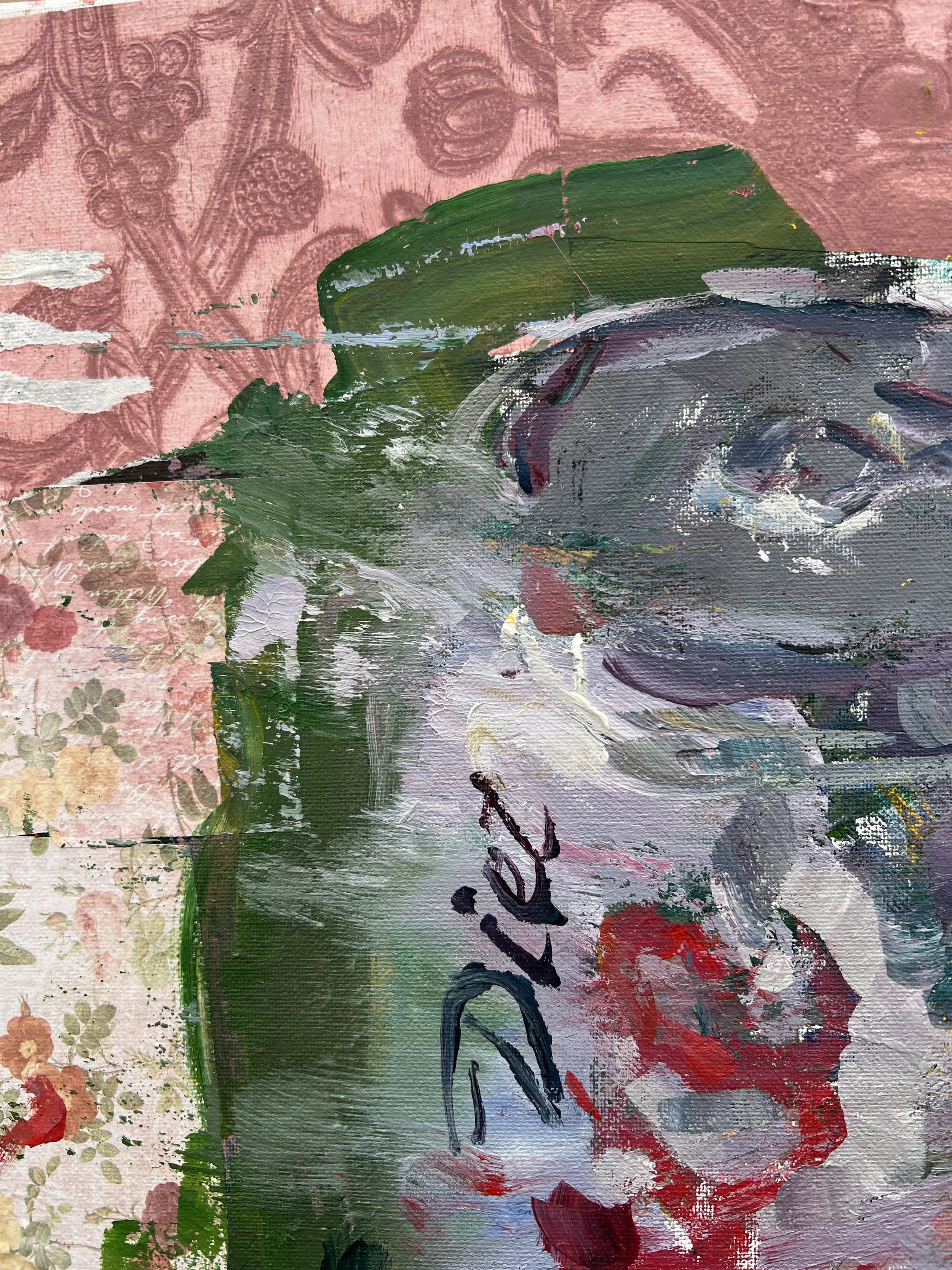 Alt Text: Bold expressive painting of Diet Coke silver can with red script and colorful collage borders, acrylics on 20x16 canvas - close up 1