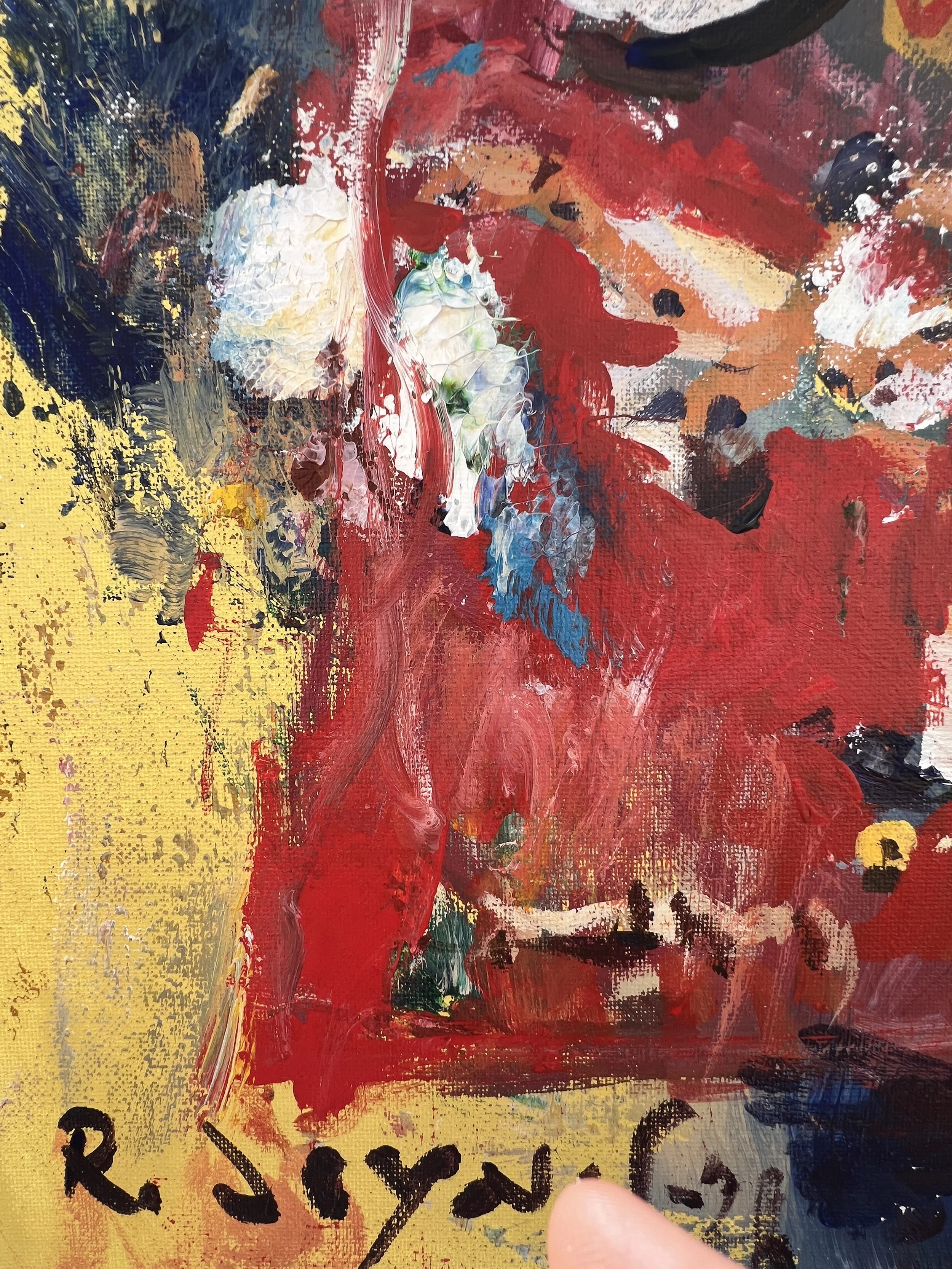 Bold expressive painting of Cheetos orange bag with cheetah logo, acrylics on 20x16 canvas - close up 4