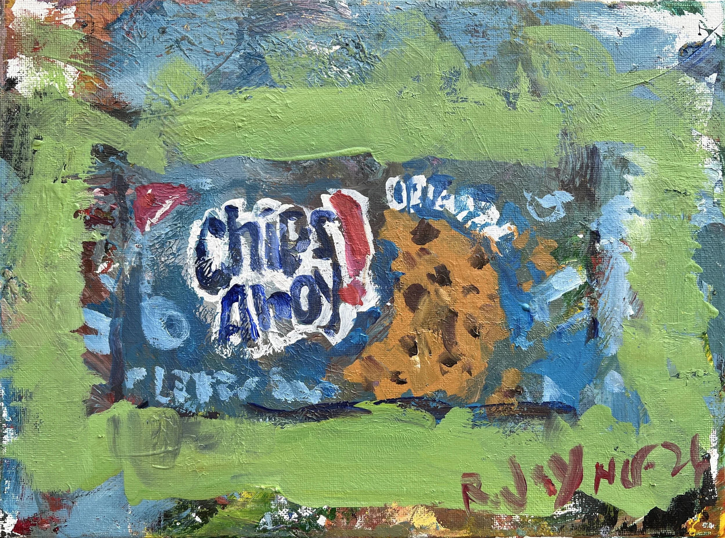Vibrant, playful still life featuring a bag of Chips Ahoy cookies rendered in bold, expressive brushwork