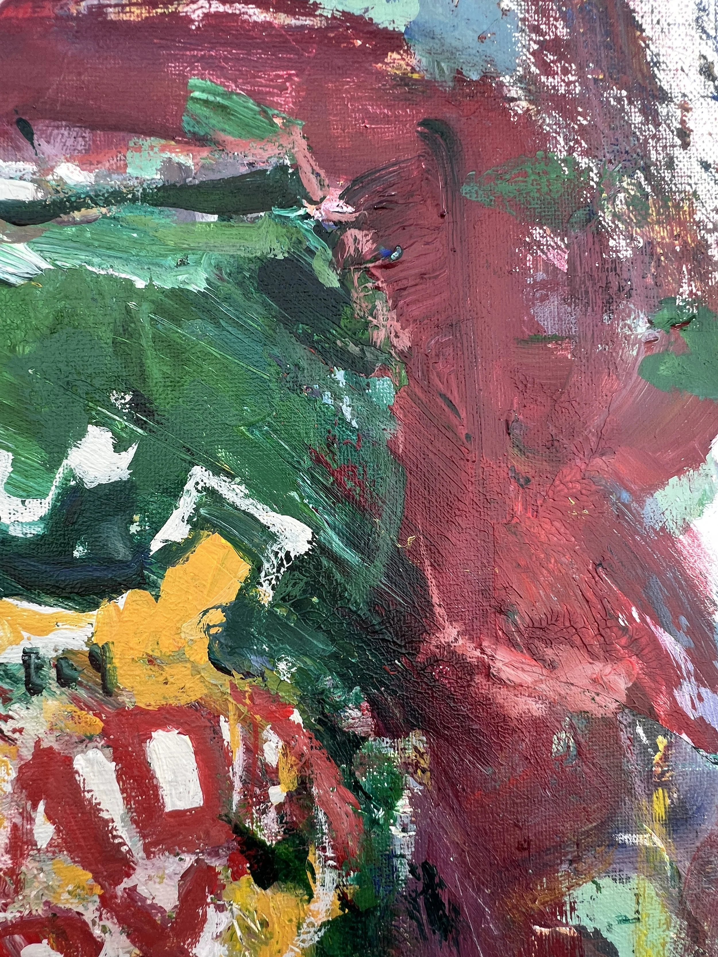 Bold expressive painting of Canada Dry ginger ale green and red can with shield logo in vibrant colors, acrylics on 20x16 canvas - close up 2