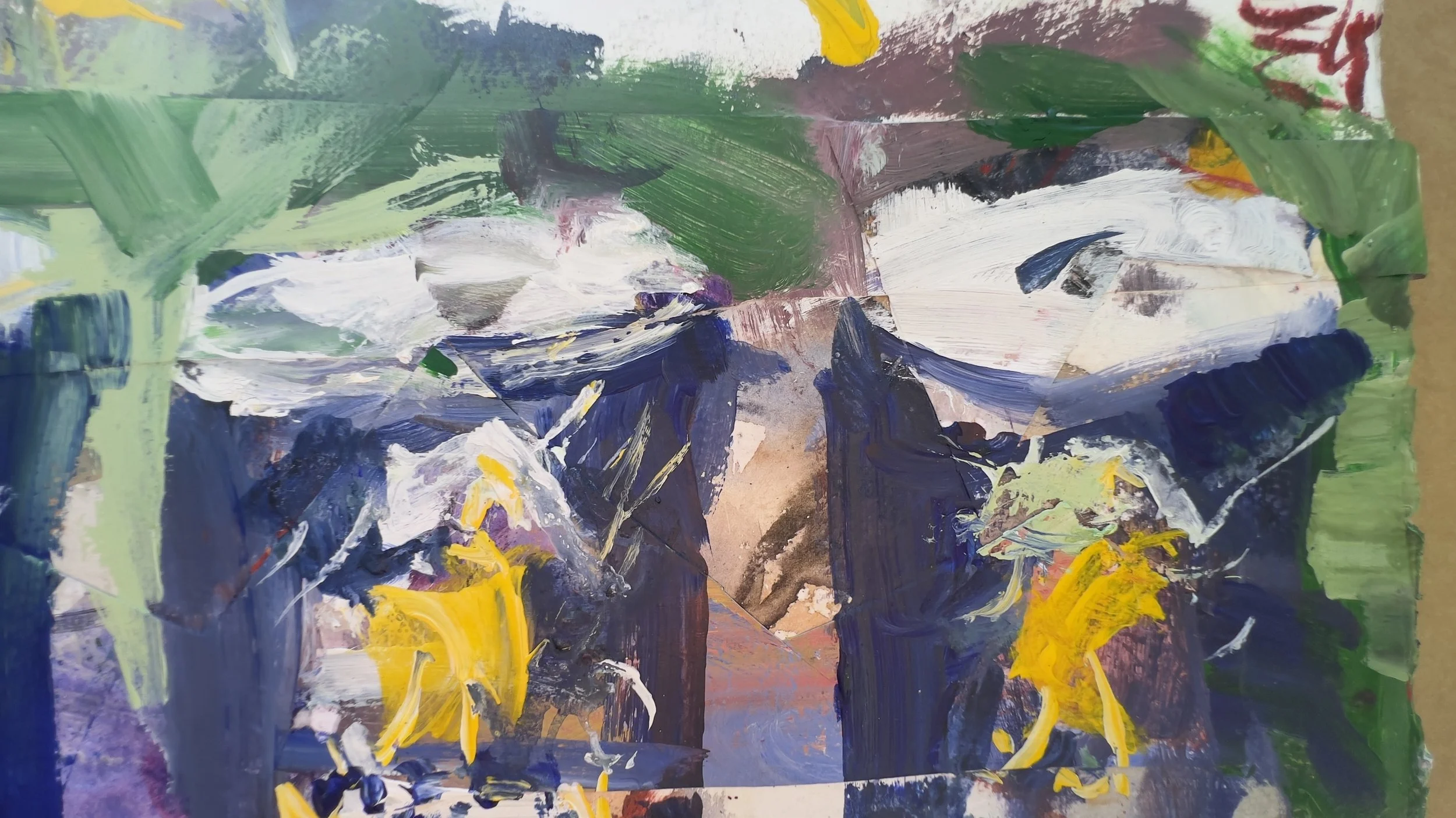 Abstract mixed media painting titled Morton's Salt Containers, deep blue and yellow tones with collage elements, by Robert Joyner close up 3