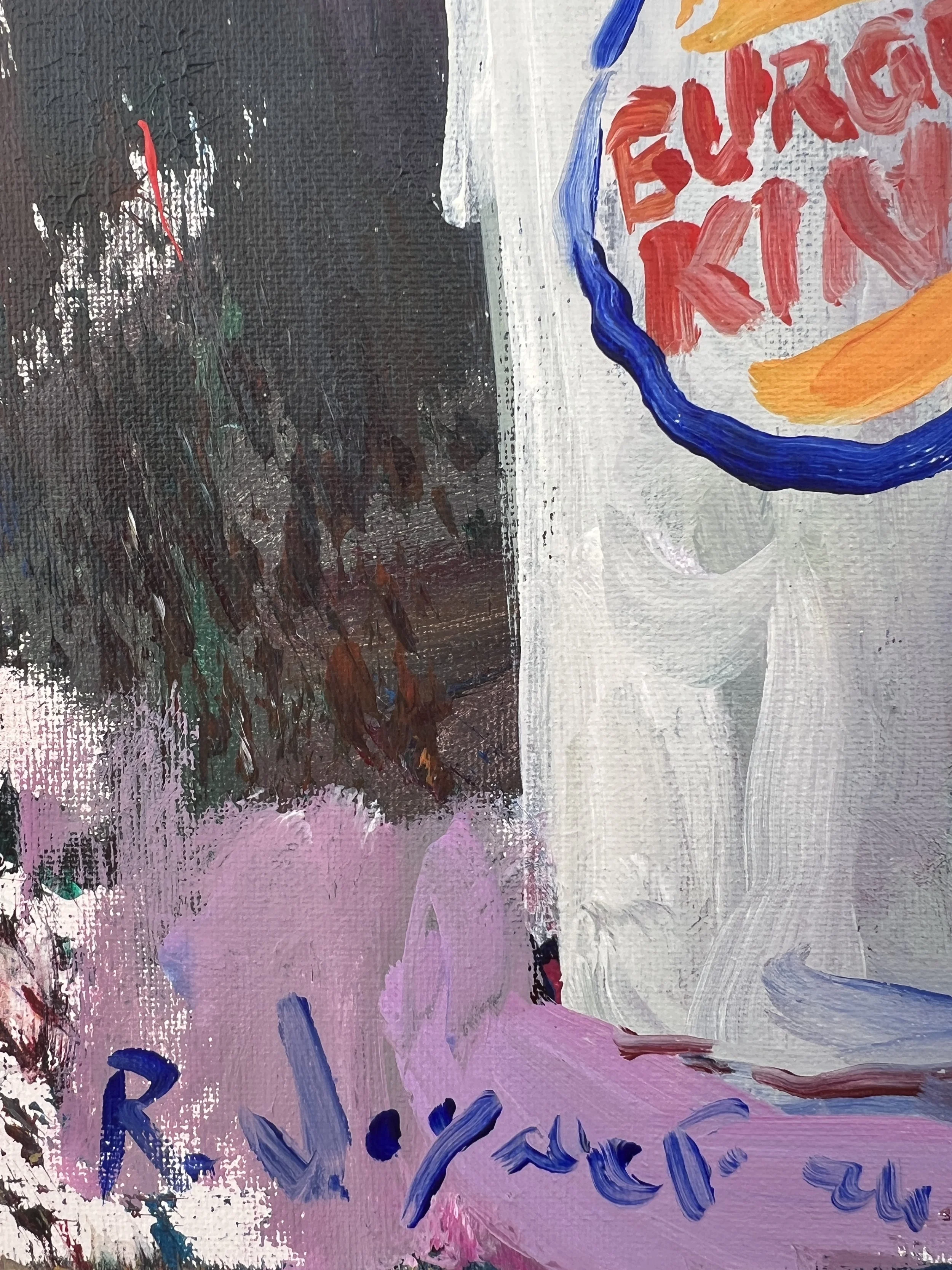 Bold expressive painting of Burger King cup with logo, acrylics on 14x11 canvas - close up 3