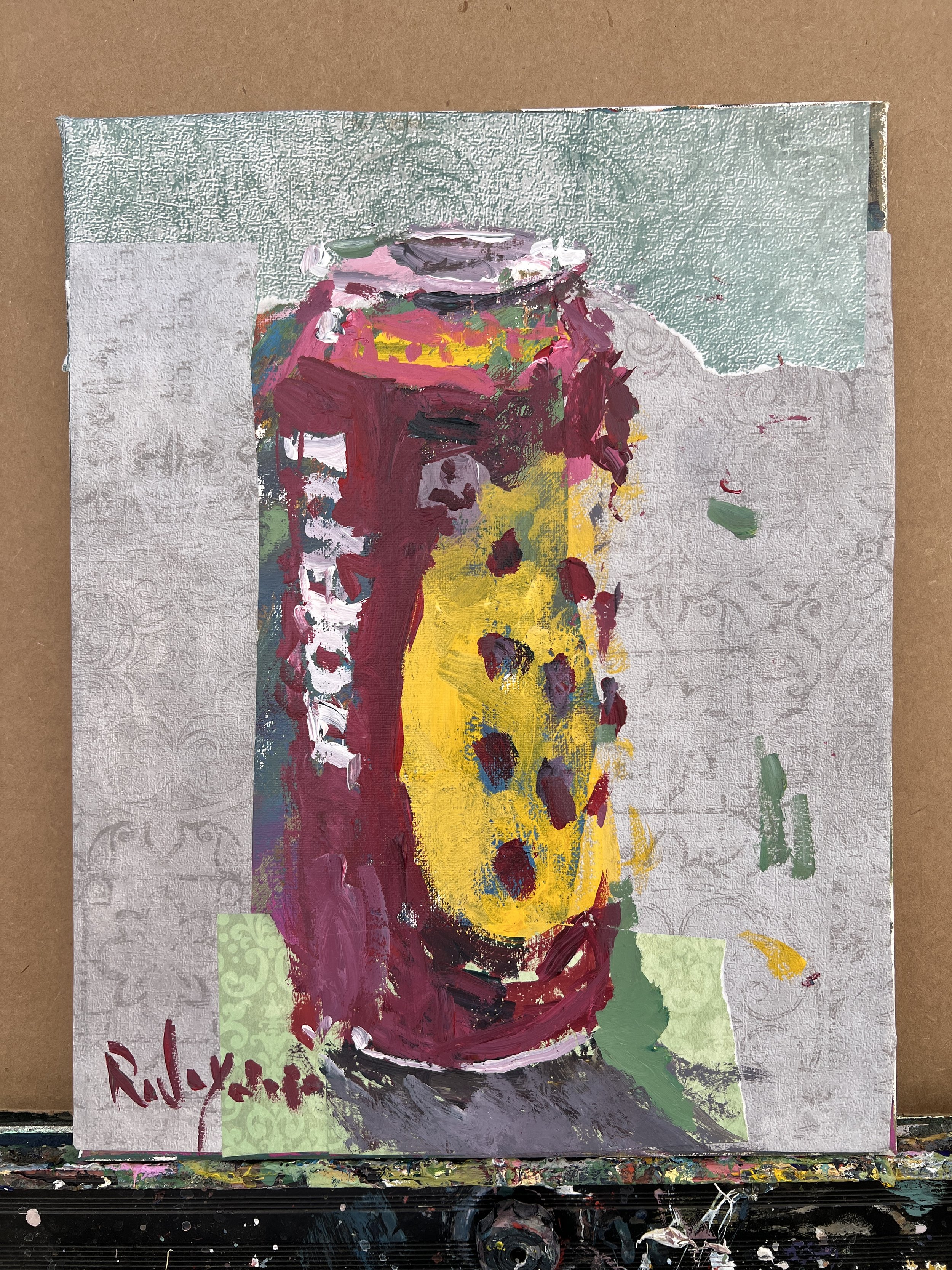 old expressive painting of Poppi strawberry lemon soda pink can with collage elements, acrylics on 11x14 canvas - shows all edges
