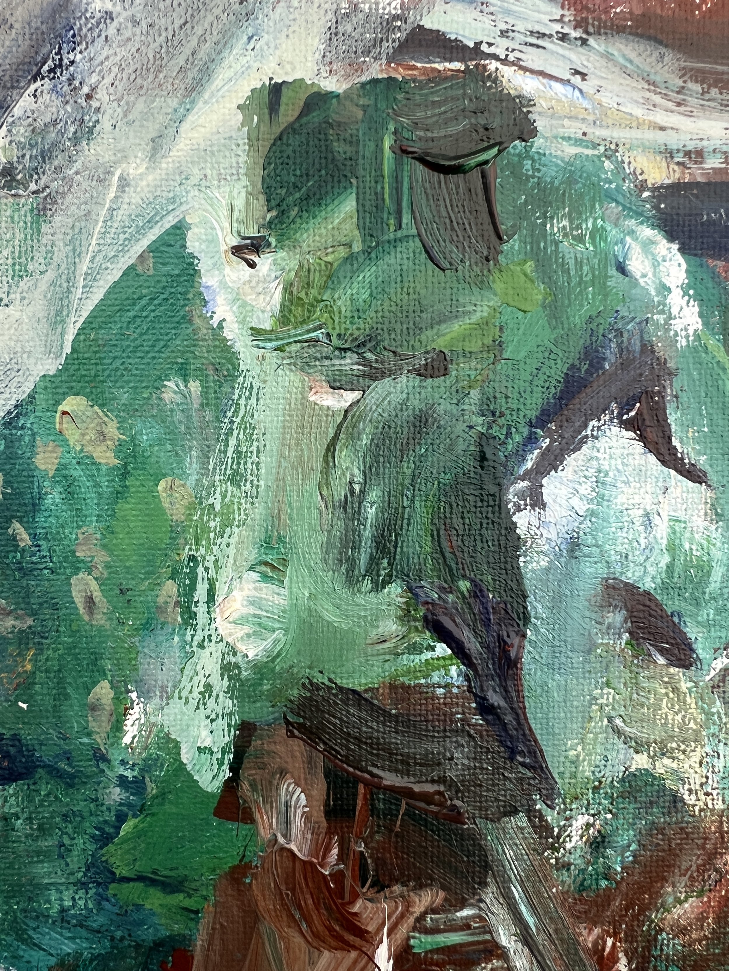 Detail view of Bold expressive painting of Crystal Louisiana hot sauce bottle