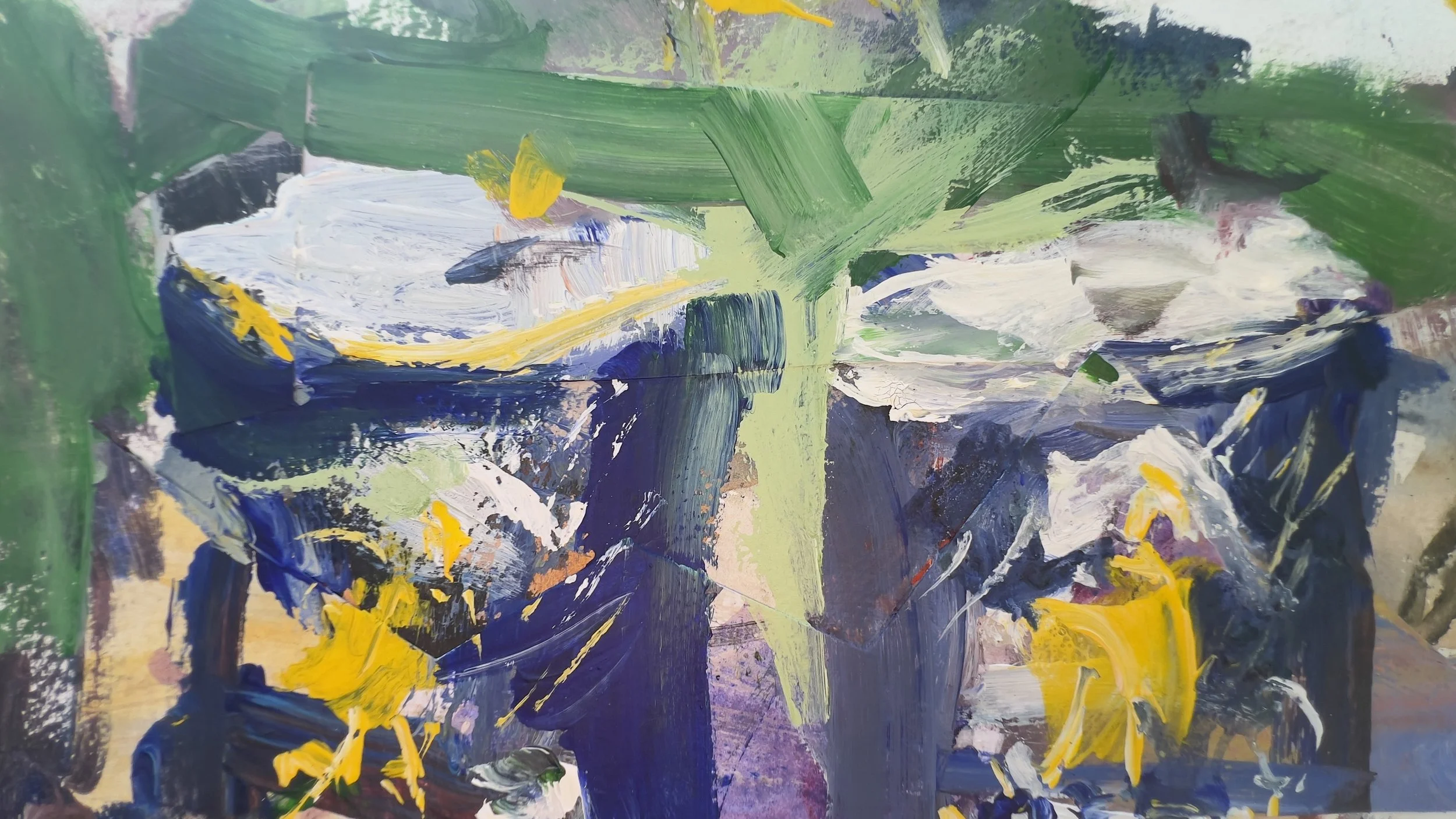 Abstract mixed media painting titled Morton's Salt Containers, deep blue and yellow tones with collage elements, by Robert Joyner close up 1