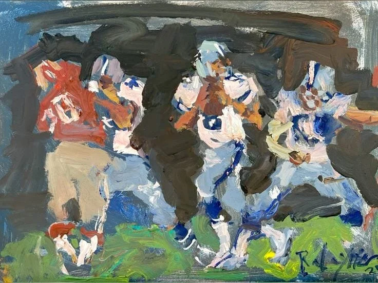 Original Dallas Cowboys football action painting showing multiple players in game, acrylic on canvas by Robert Joyner