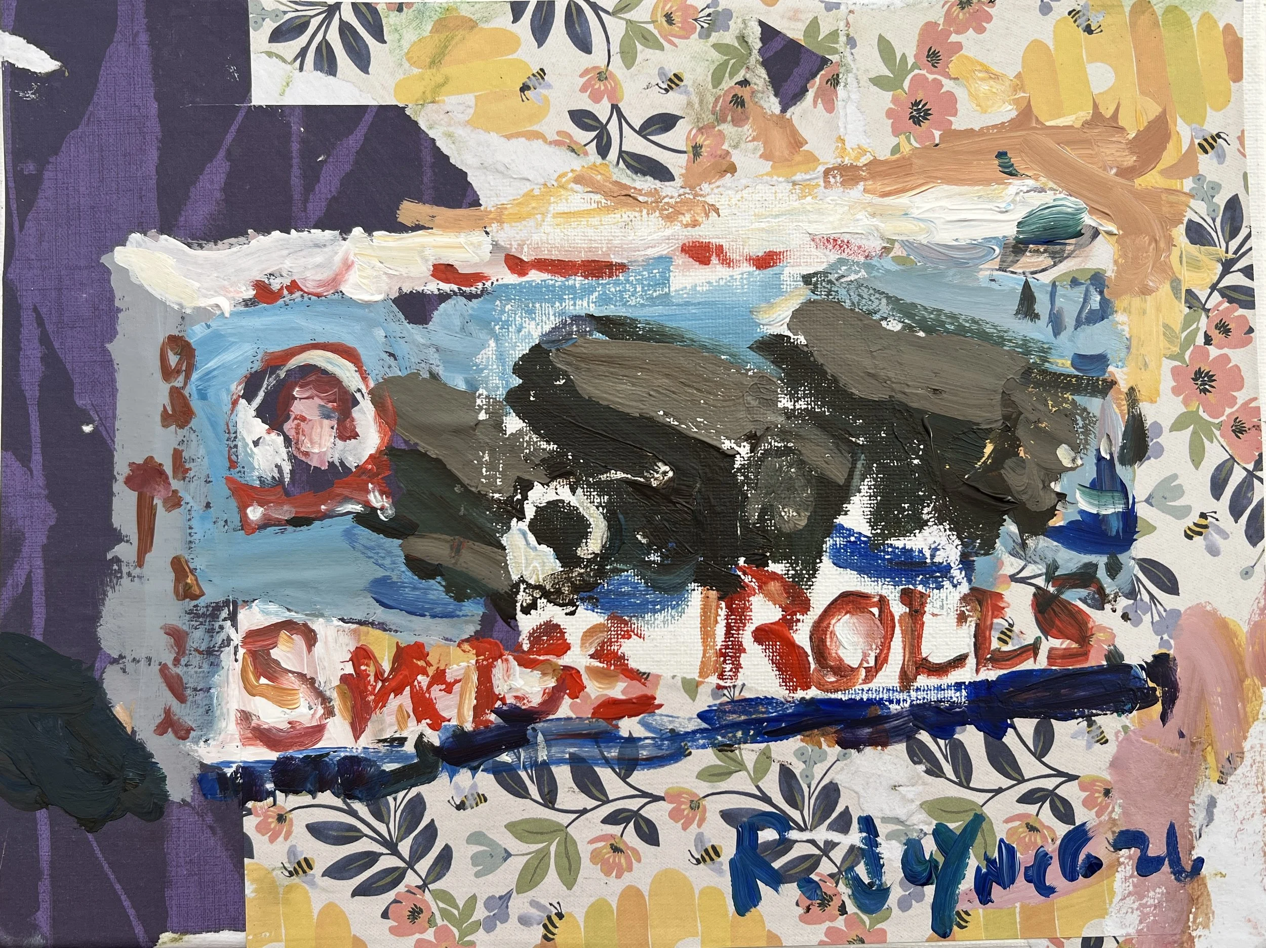 Bold expressive painting of Little Debbie Swiss Cake Rolls box with collage elements and textured brushstrokes, acrylics on 12x9 canvas - nostalgic snack kitchen wall art