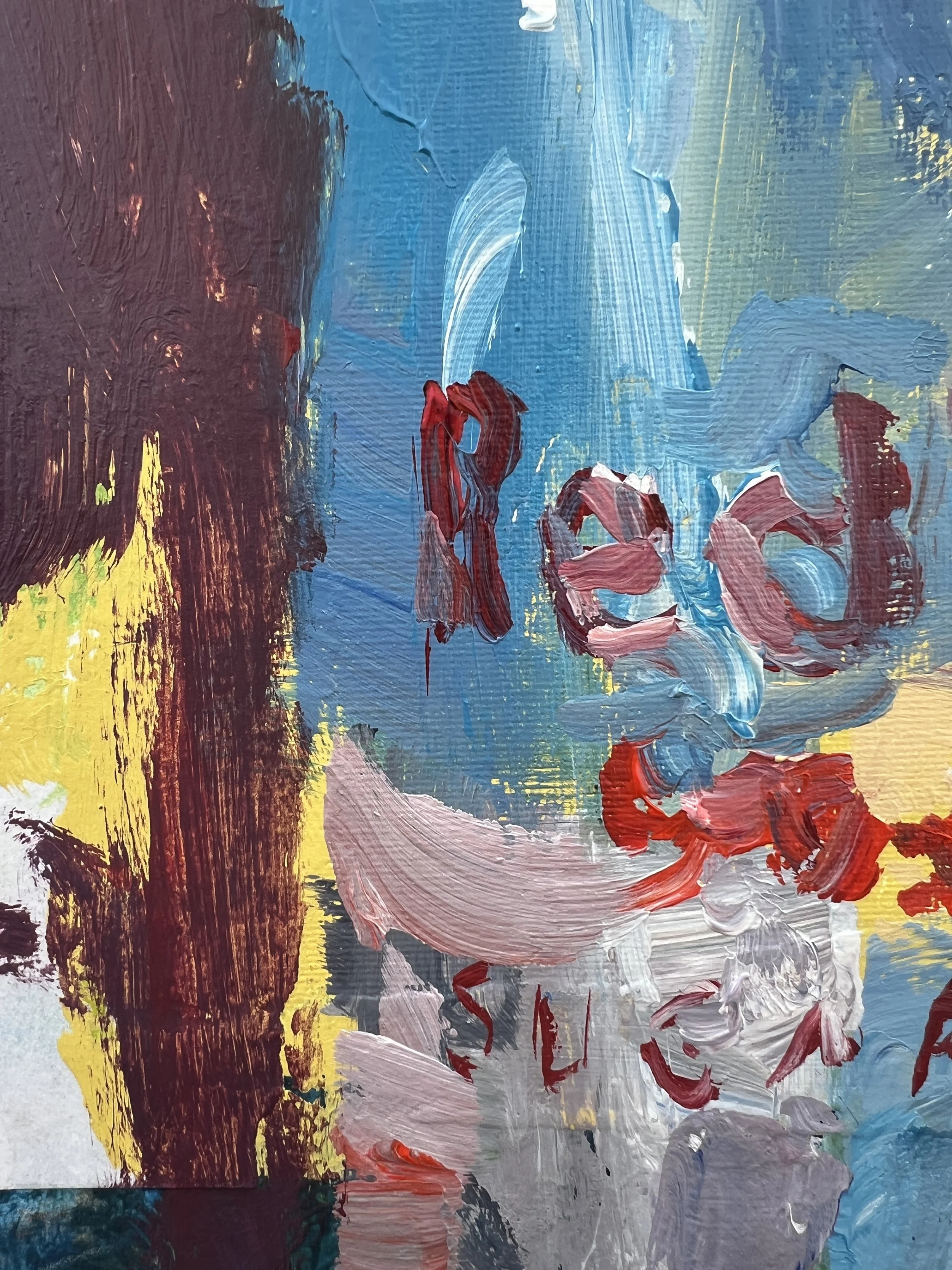 Brushwork detail of Bold expressive original painting of a Red Bull Sugar Free can