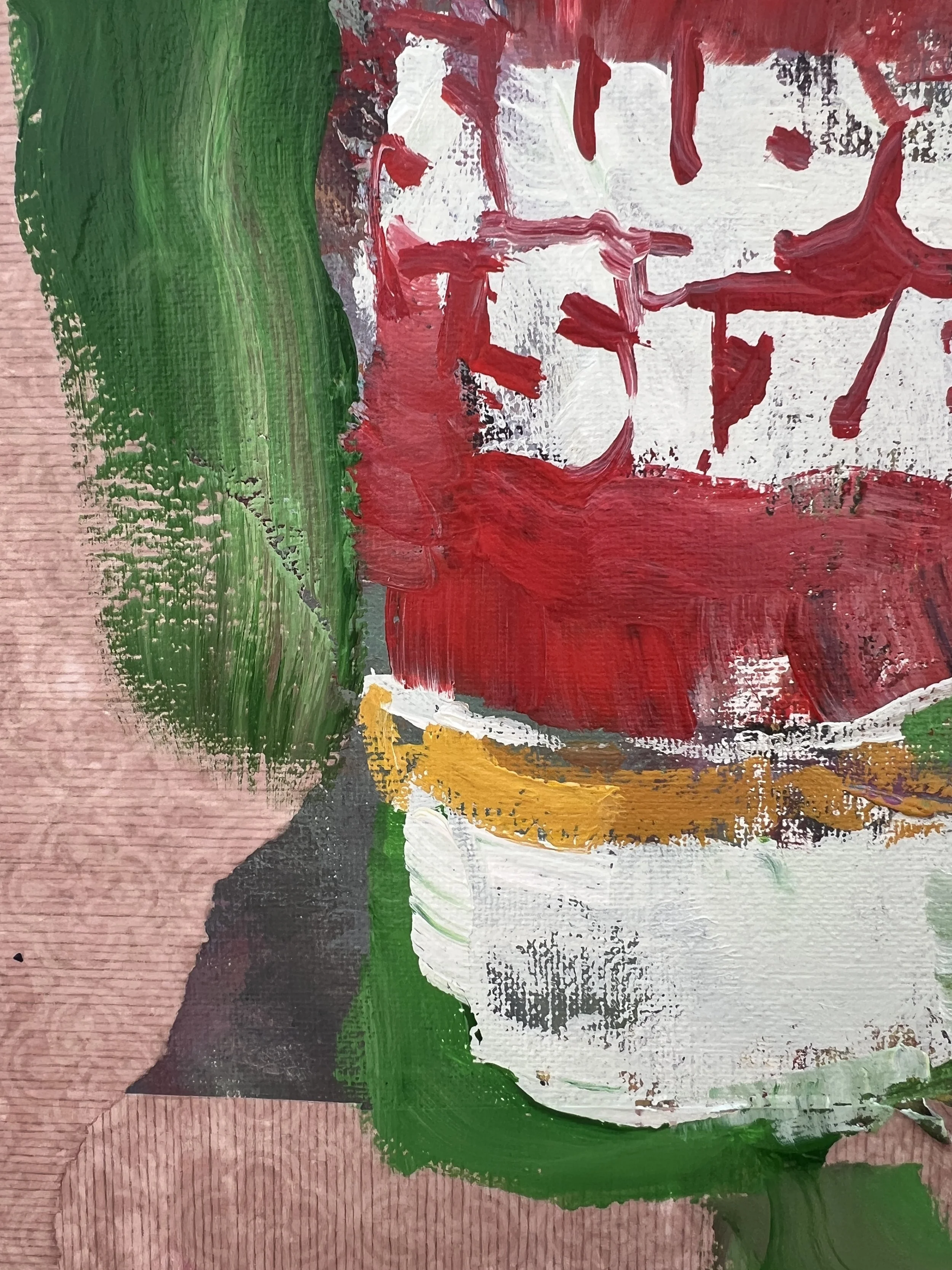 Bold expressive painting of Super Size McDonald's cup with golden arches and collage elements, acrylics on 14x11 canvas - close up 3