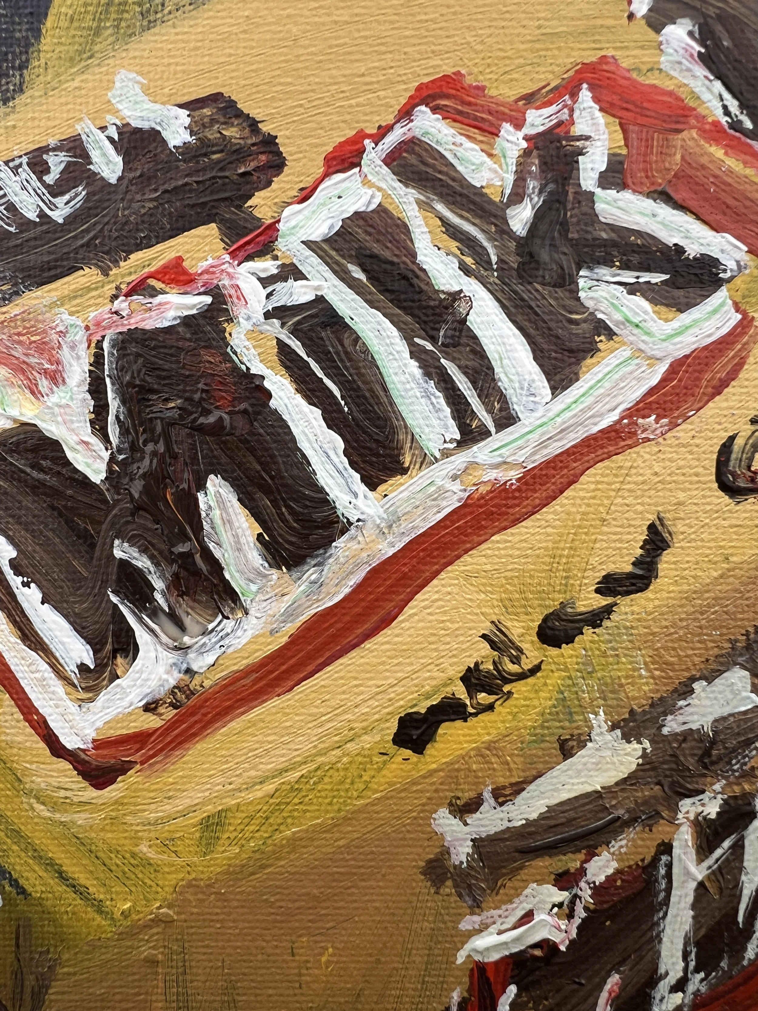 Close-up of Bold expressive painting of Milk Duds yellow candy box