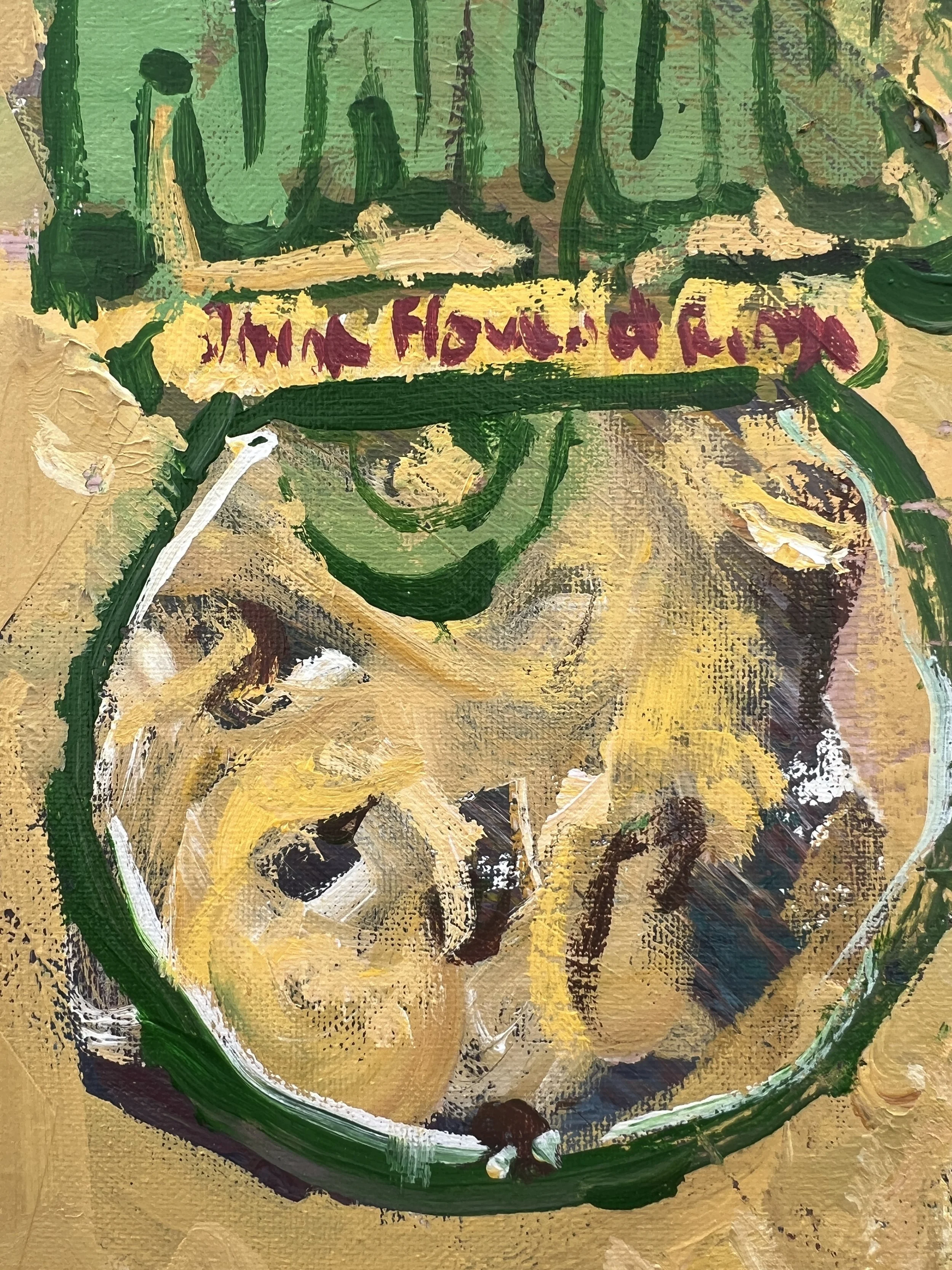 Bold expressive painting of Funyuns onion rings yellow bag with red logo and collage elements, acrylics on 11x14 canvas - close up 3