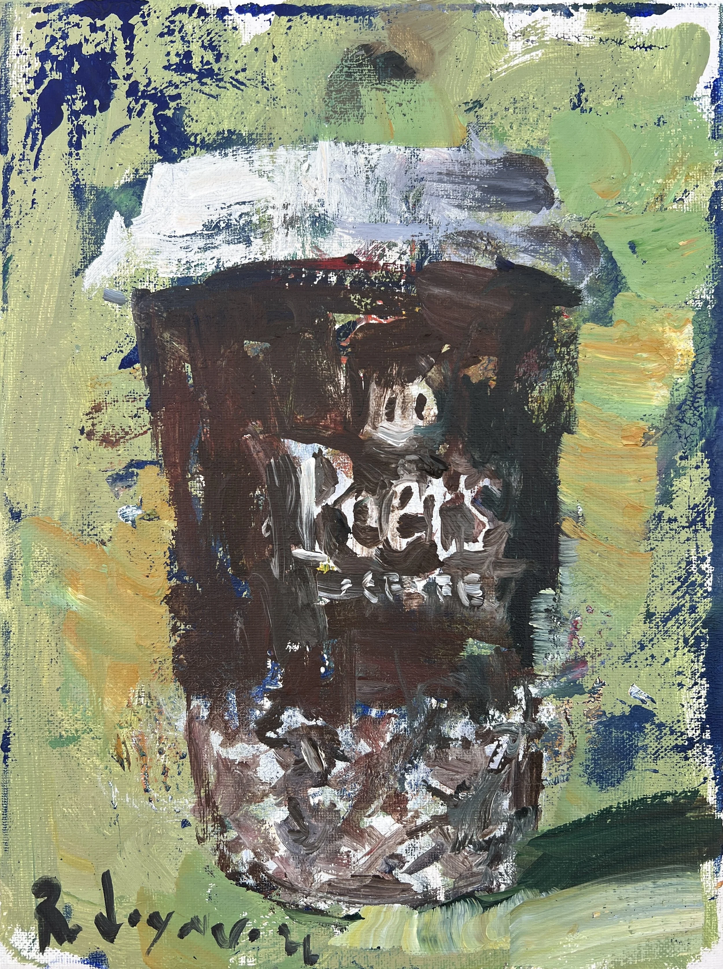 Bold expressive painting of Peet's Coffee brown cup with logo, acrylics on 12x9 canvas - coffee bar wall art
