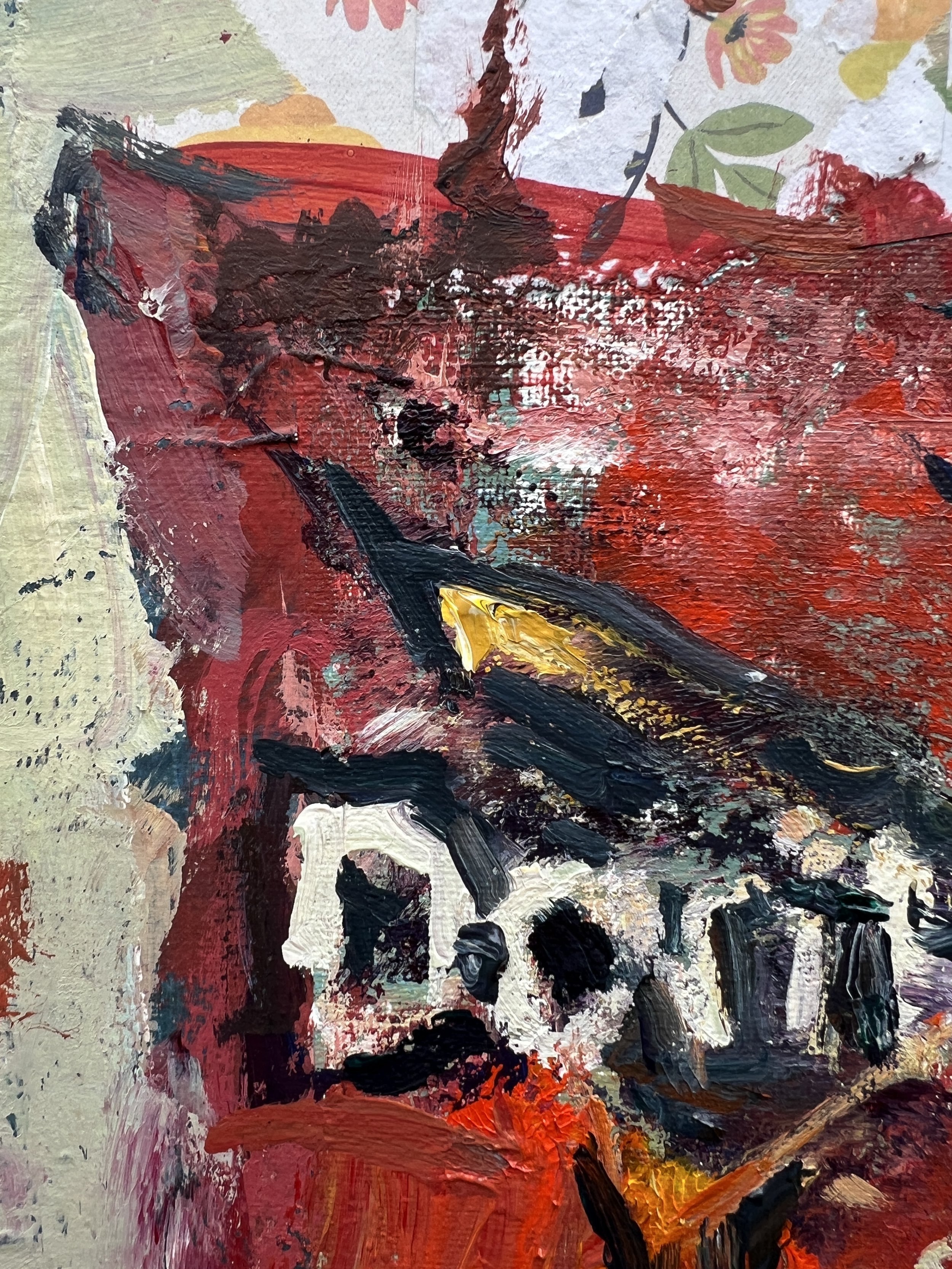 Detail view of Bold expressive painting of Doritos red chip bag