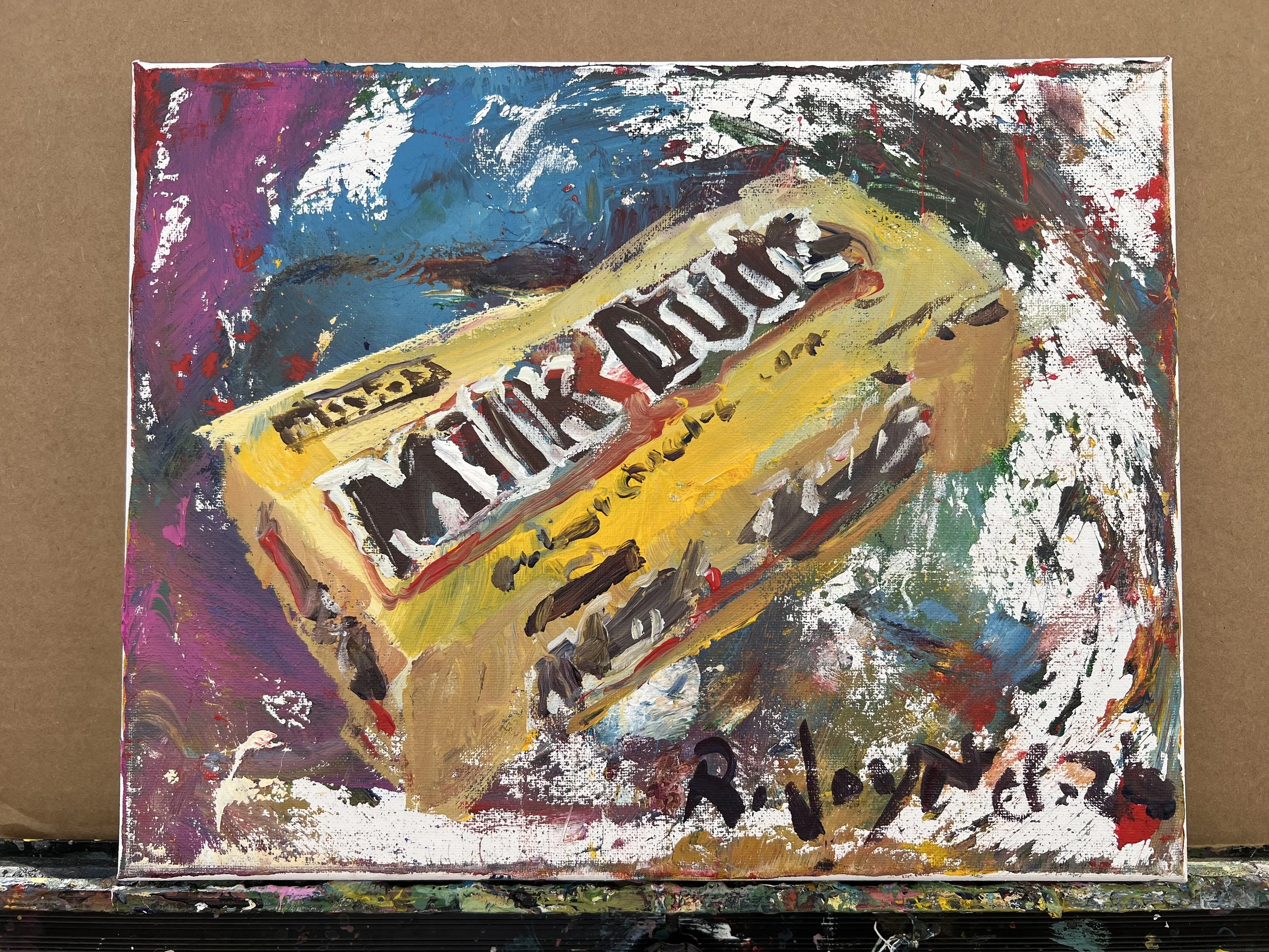 Bold expressive painting of Milk Duds yellow candy box with red and brown lettering, acrylics on 11x14 canvas - shows all edges