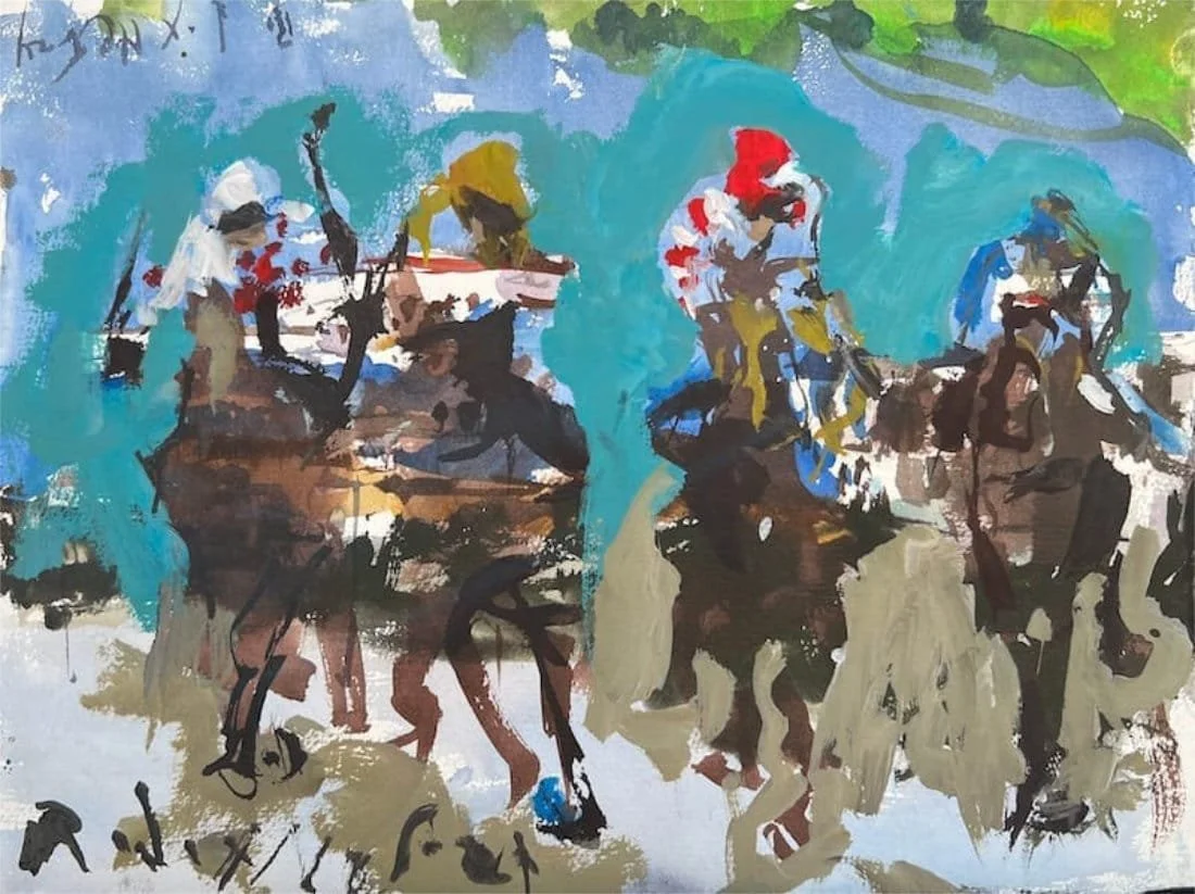 Loose expressive acrylic painting of a horse racing scene with jockeys.