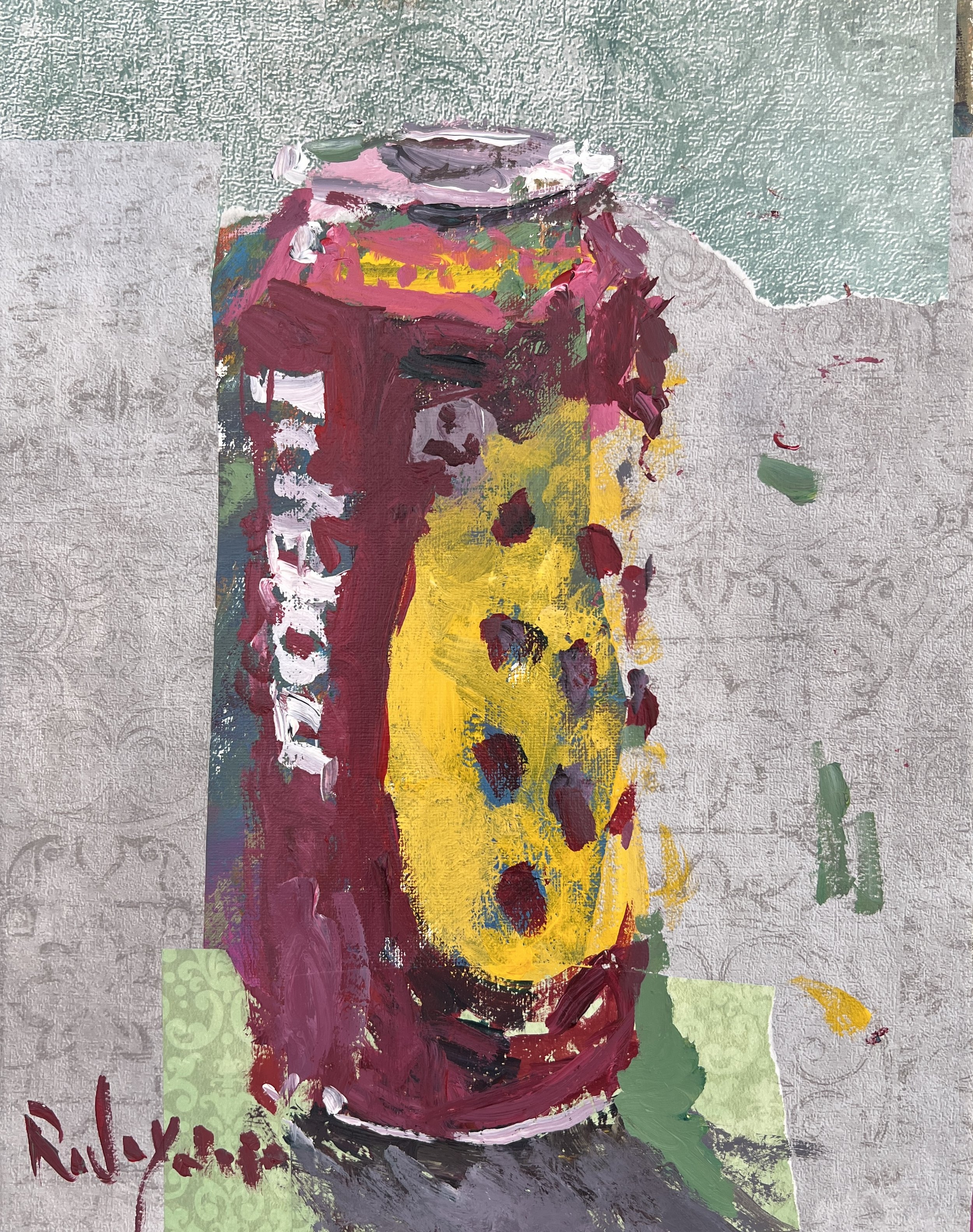 old expressive painting of Poppi strawberry lemon soda pink can with collage elements, acrylics on 11x14 canvas - modern kitchen wall art