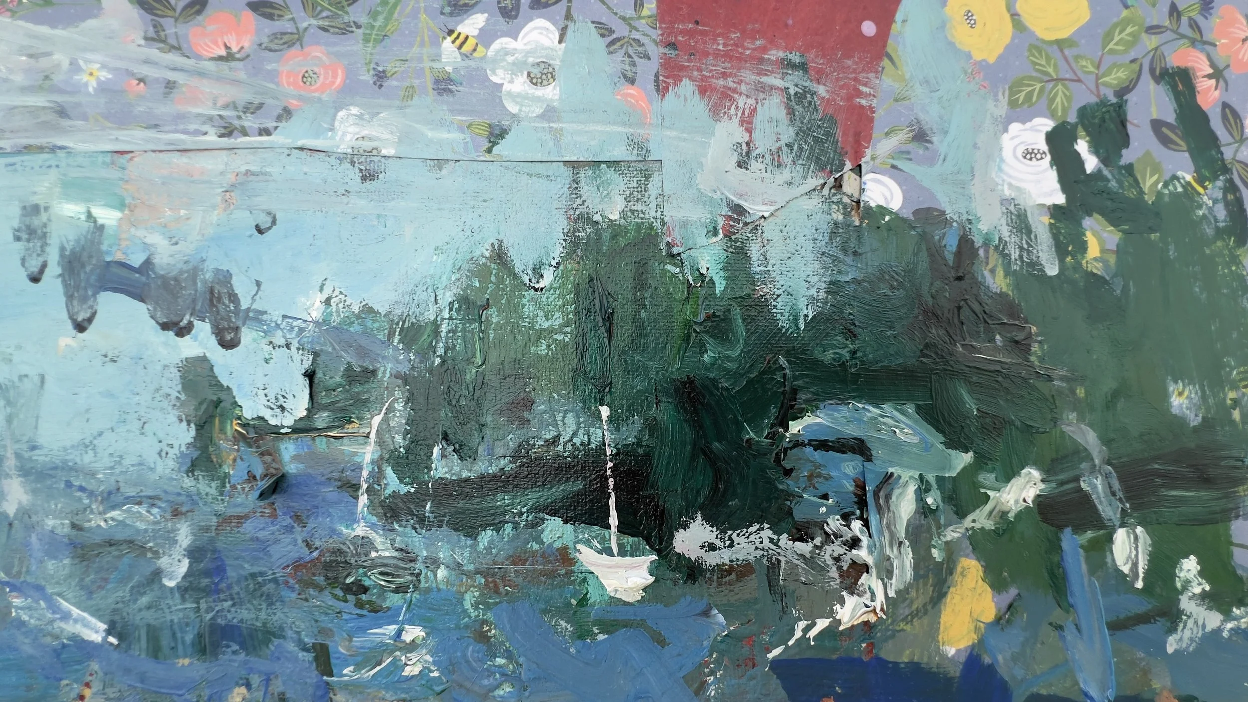 Expressive coastal harbor mixed media and collage painting with boats and buildings by Robert Joyner