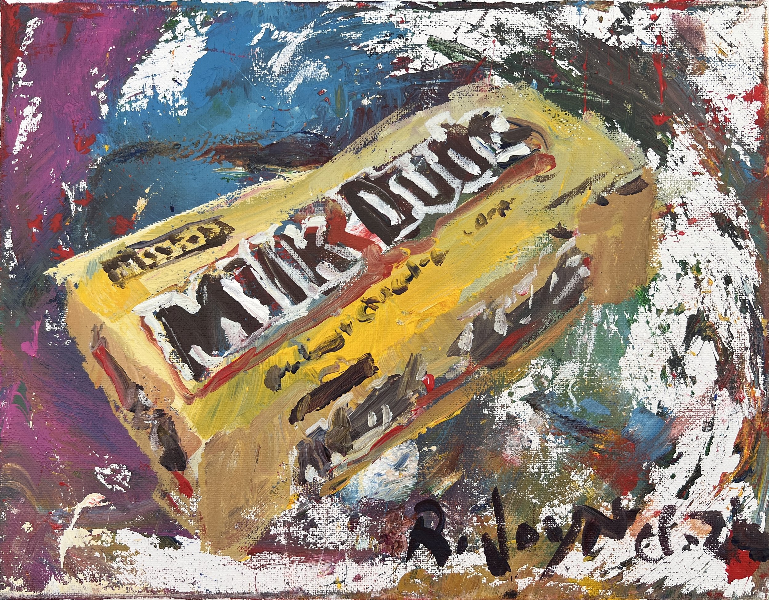Bold expressive painting of Milk Duds yellow candy box with red and brown lettering, acrylics on 11x14 canvas - home theater wall art